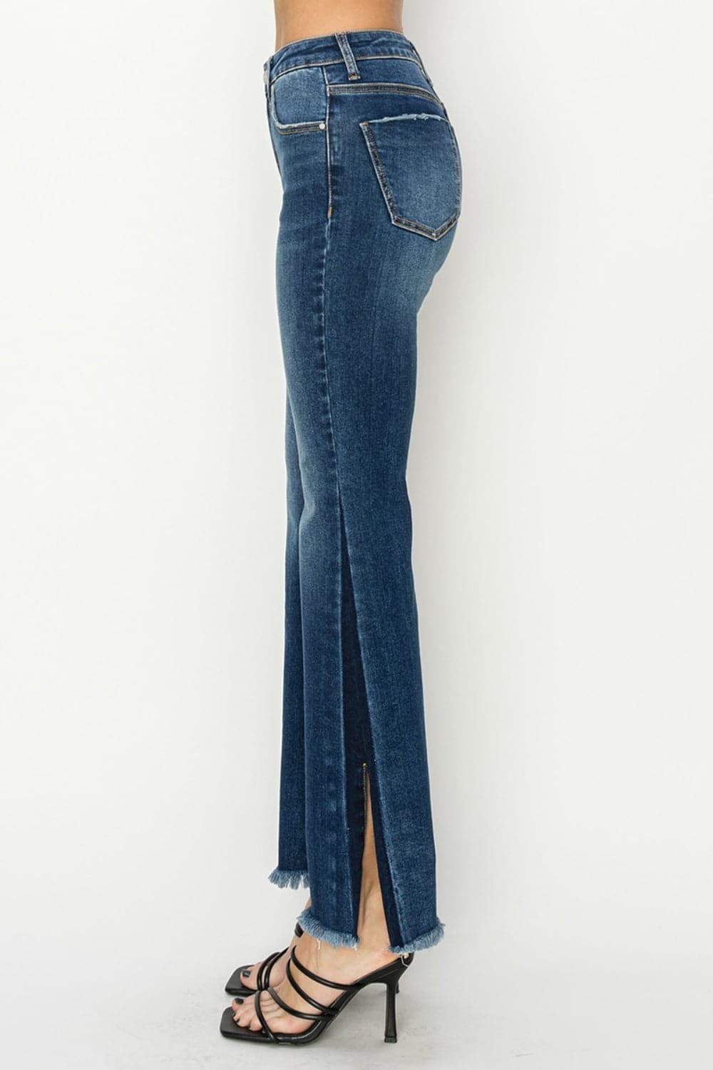 RISEN Full Size High Rise Side Shadow Seam Detail Slit Flare Jeans.