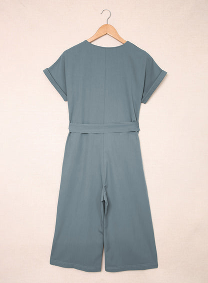 Blue Dolman Button Belted V Neck Wide Leg Jumpsuit