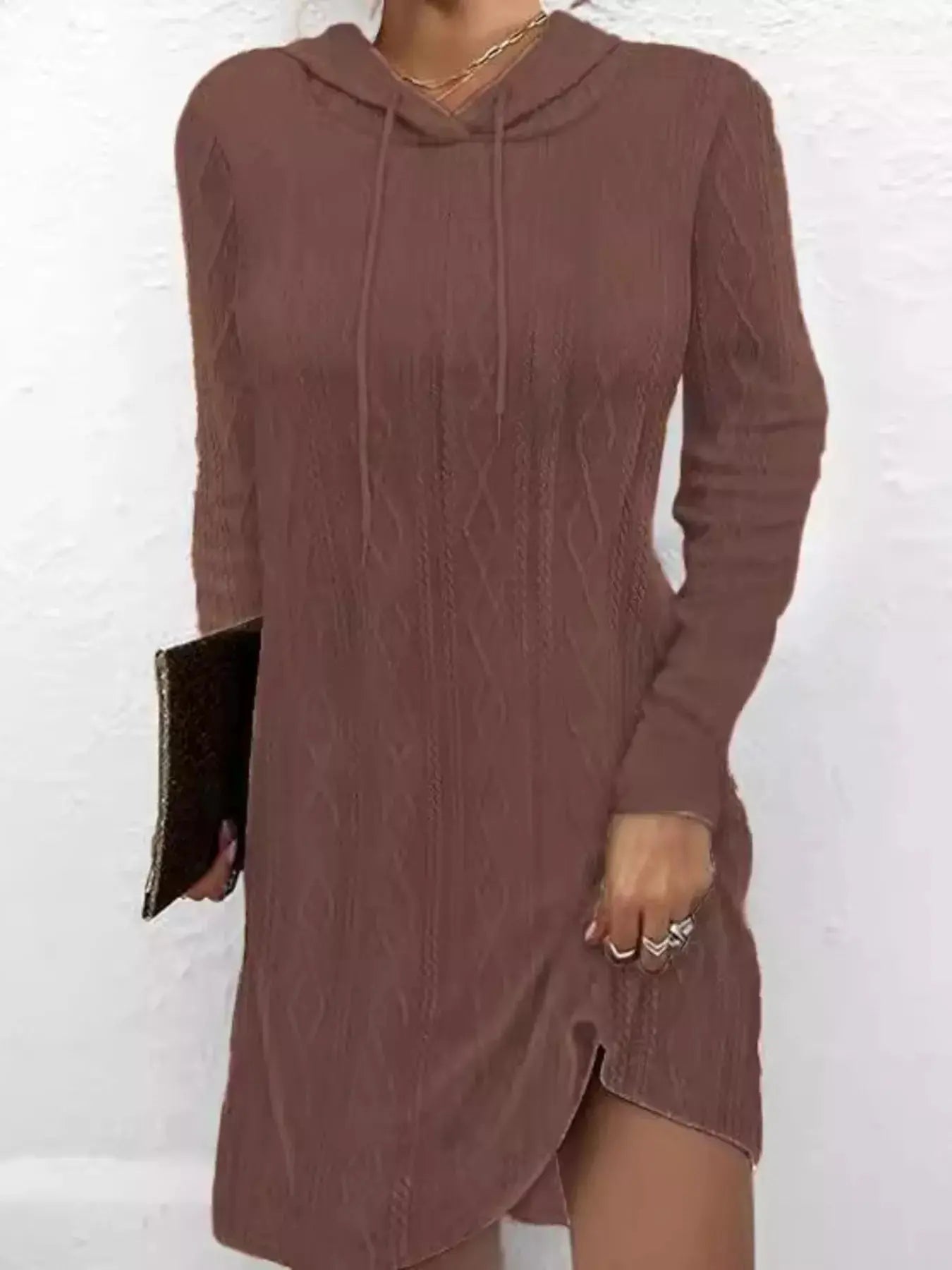Casual Long Sleeve Hooded Cable Knit Dress With Drawstring Slit Simply Love