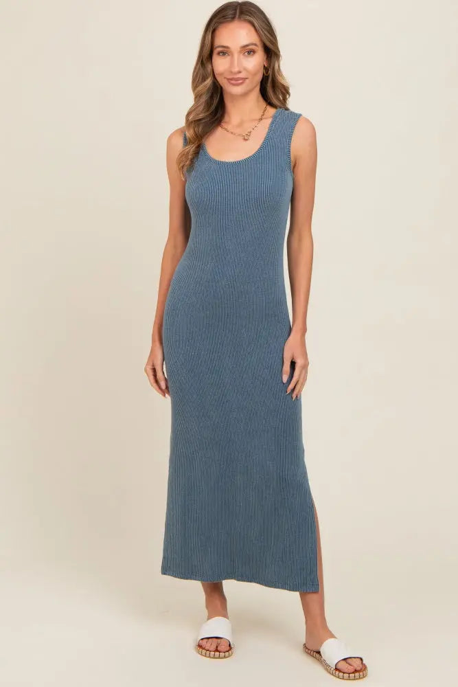Blue Ribbed Side Slit Maxi Dress PinkBlush