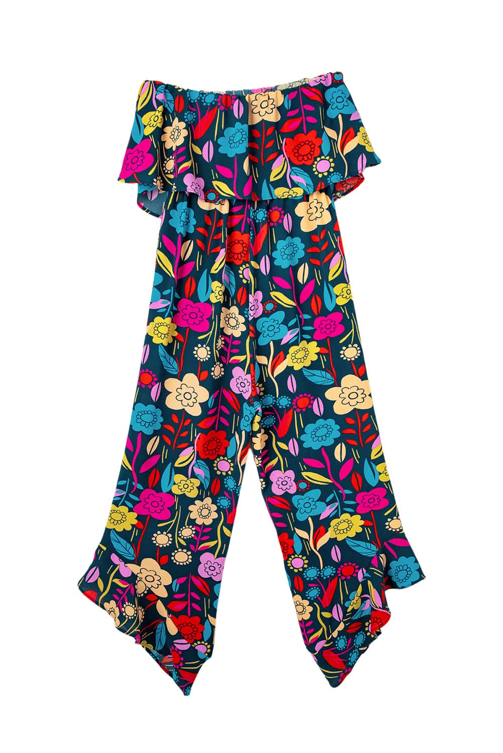 Red Mix Tropical Print Strapless Ruffled Jumpsuit - Love Salve 