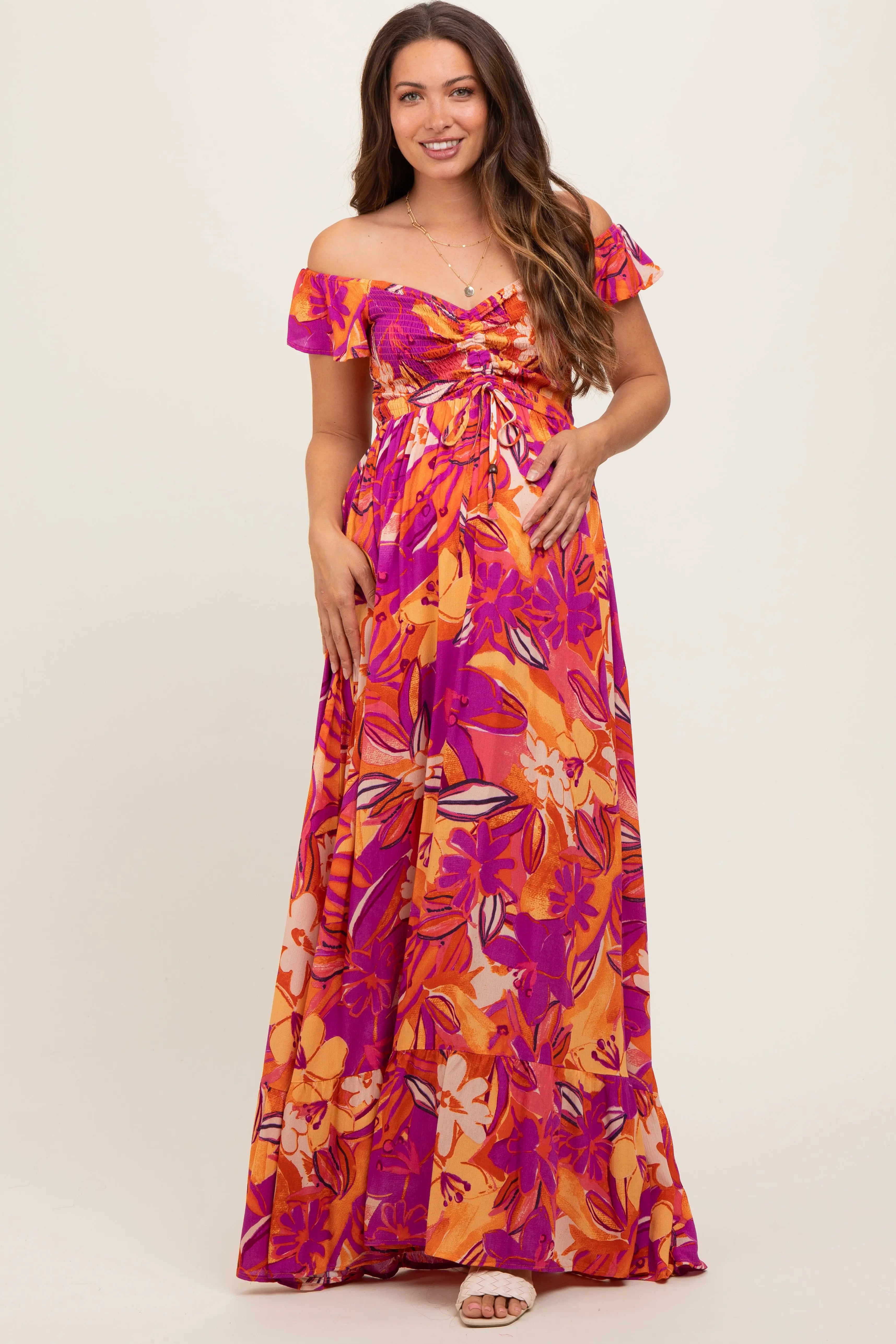 Coral Floral Smocked Off Shoulder Maternity Maxi Dress PinkBlush