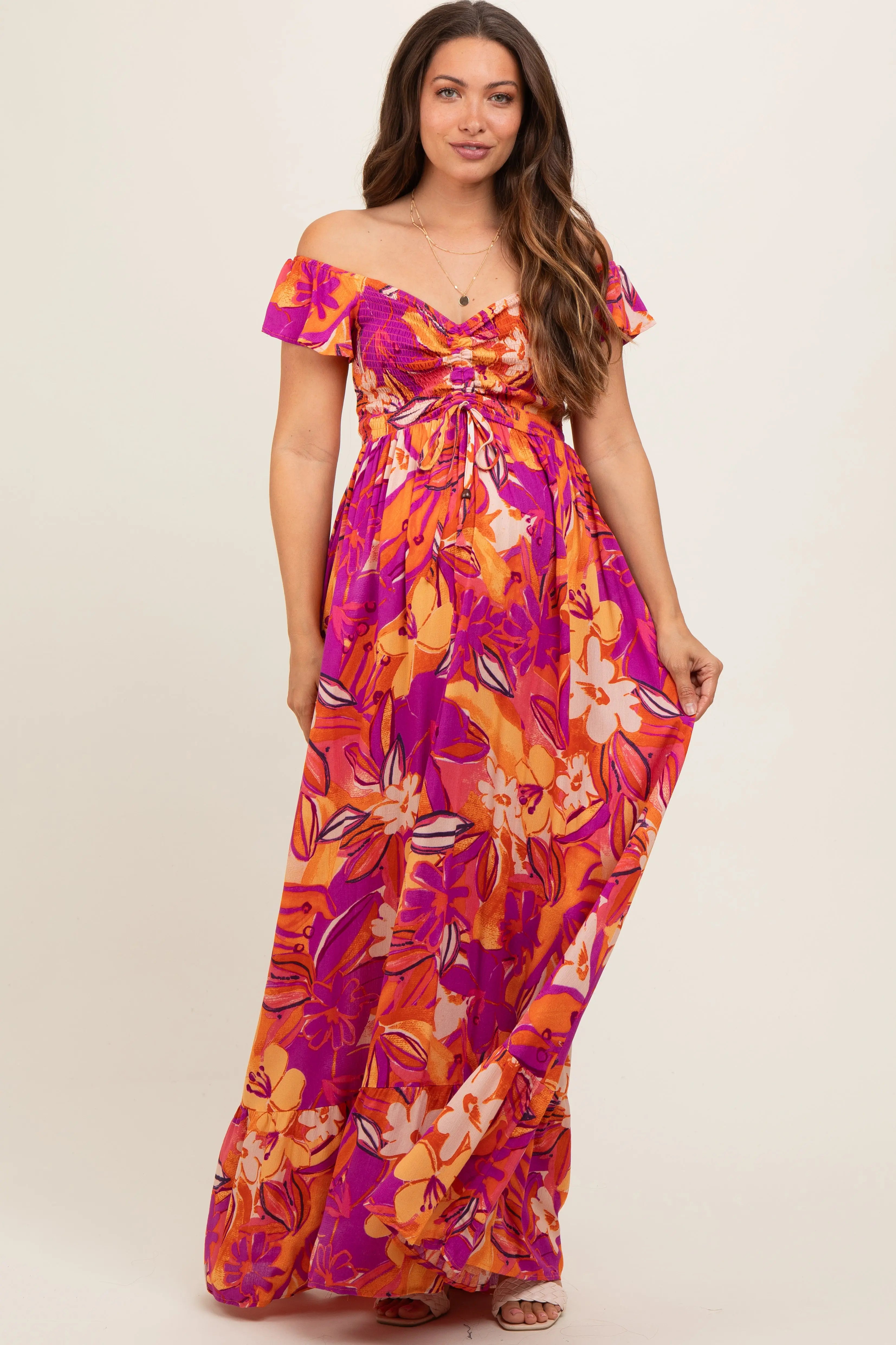 Coral Floral Smocked Off Shoulder Maternity Maxi Dress PinkBlush