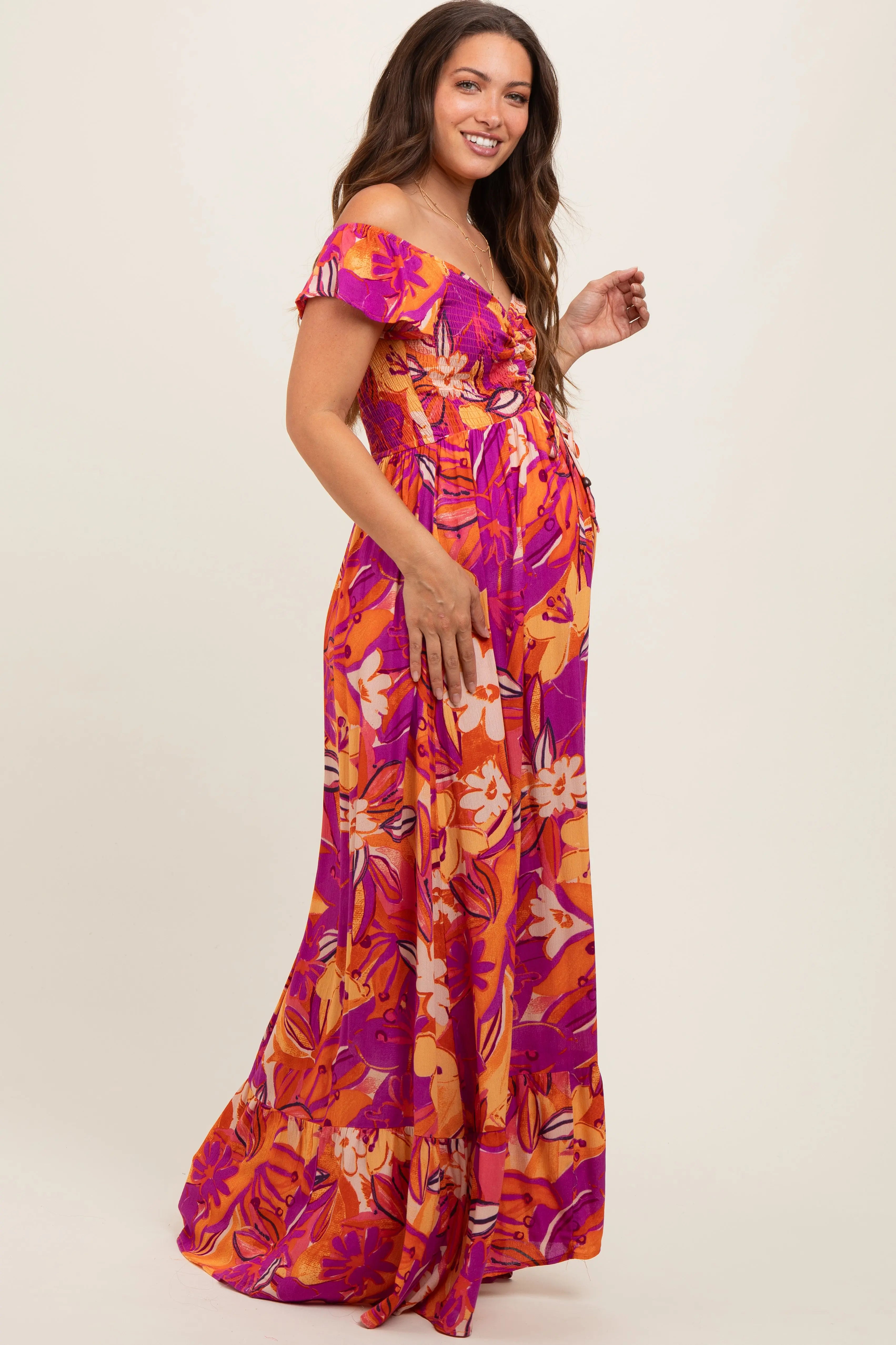 Coral Floral Smocked Off Shoulder Maternity Maxi Dress PinkBlush