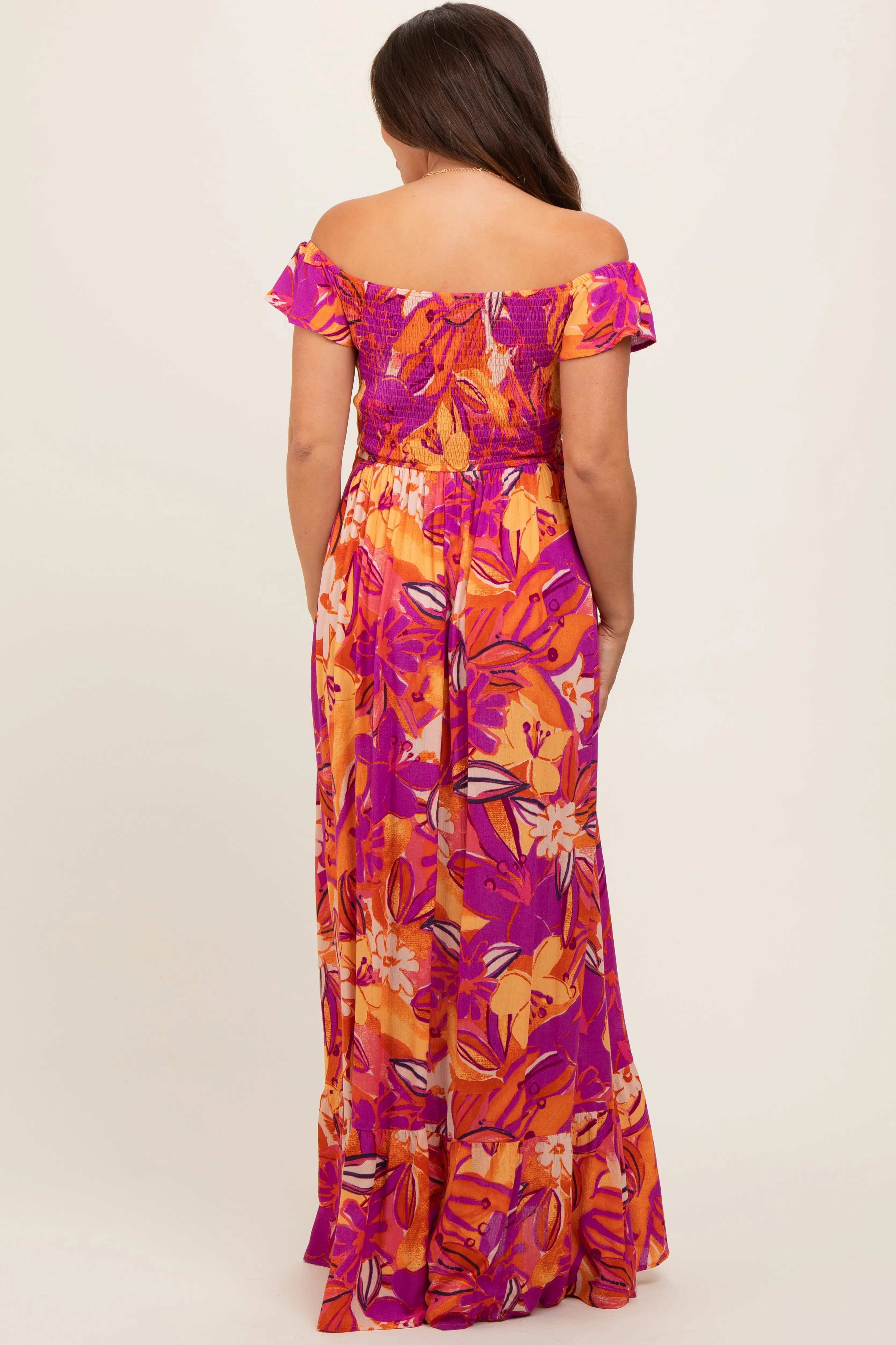 Coral Floral Smocked Off Shoulder Maternity Maxi Dress PinkBlush