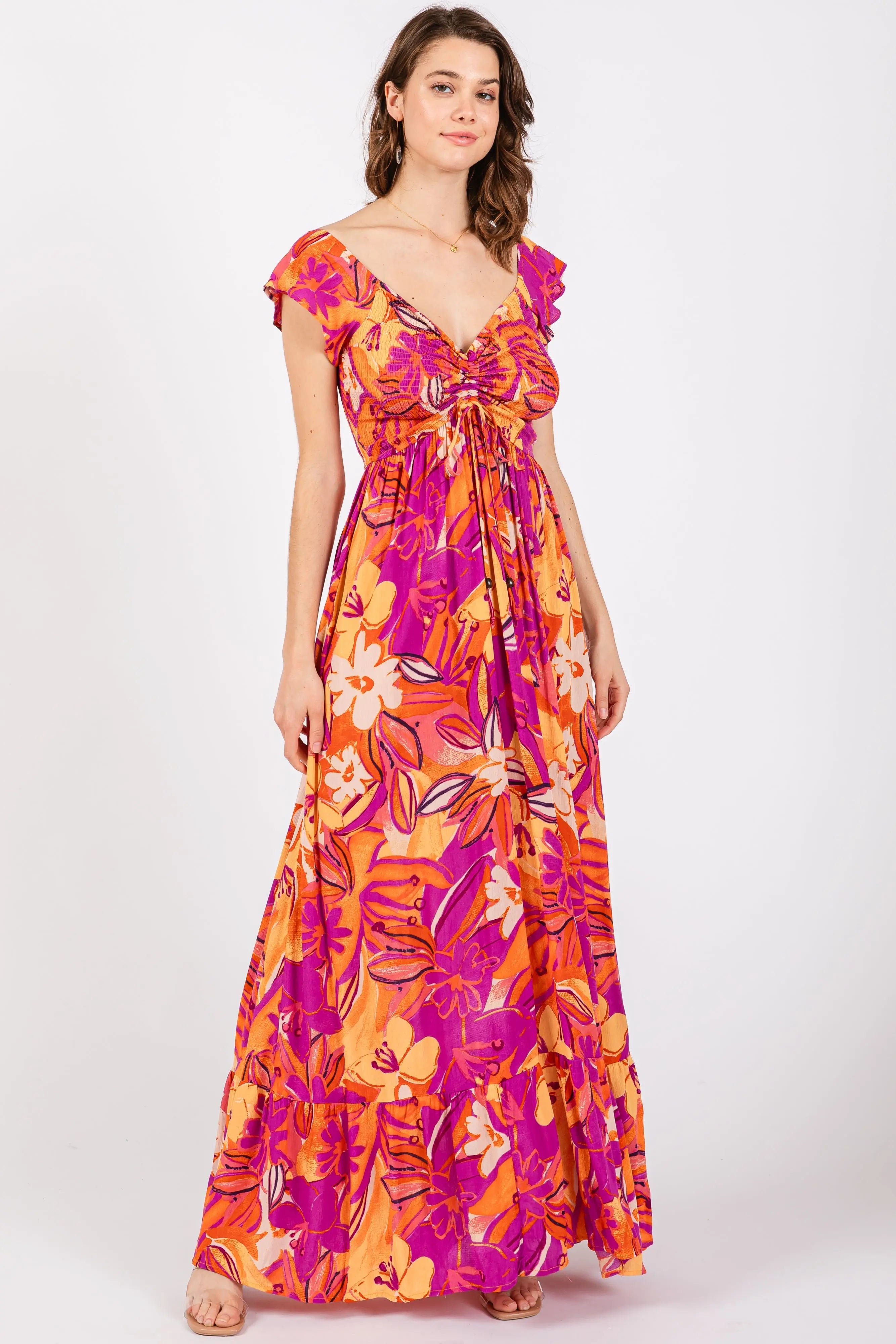 Coral Floral Smocked Off Shoulder Maternity Maxi Dress PinkBlush