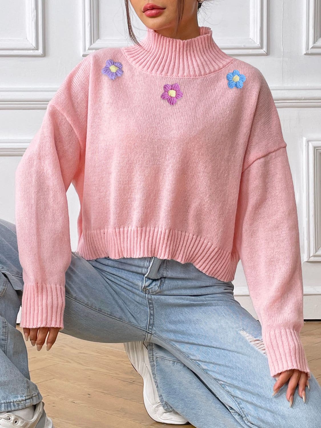 Floral elegance turtleneck long sleeve sweater