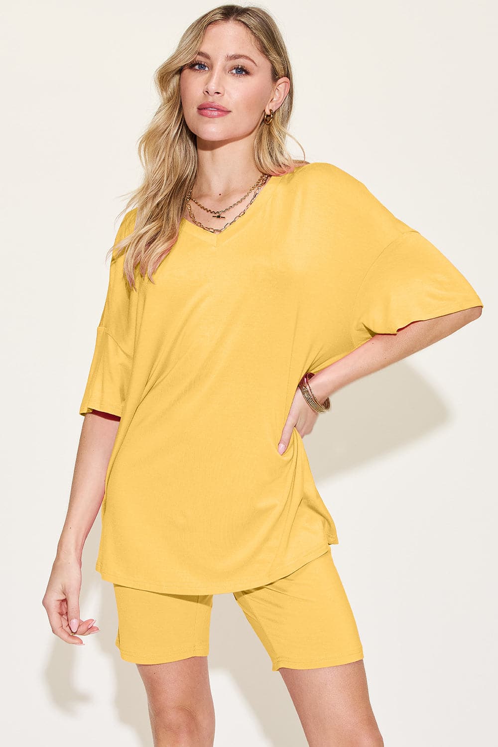 Basic Bae Bamboo Full Size  V-Neck Drop Shoulder T-Shirt and Shorts Set.