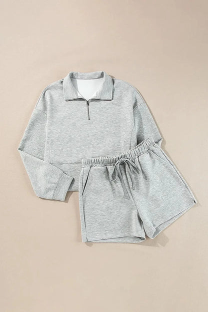 Half Zip Long Sleeve Top and Drawstring Shorts Set