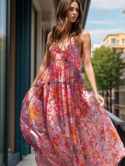 Tiered Printed V-Neck Sleeveless Dress.