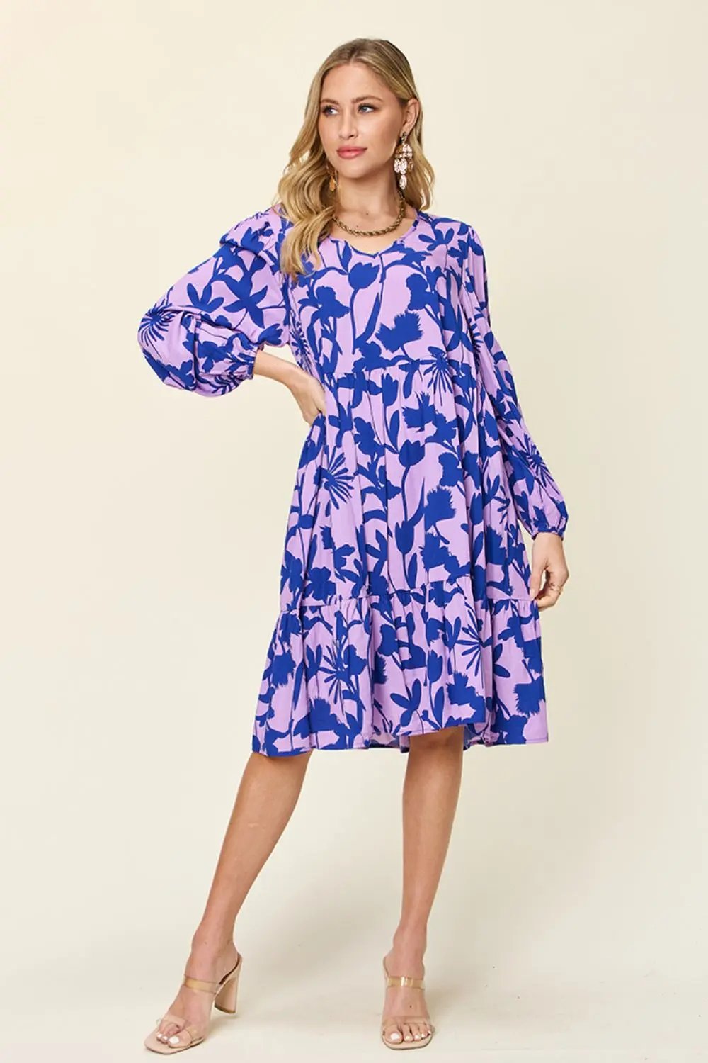 Double Take Full Size Printed Ruffle Hem Long Sleeve Dress - Love Salve