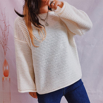 Openwork Boat Neck Long Sleeve Sweater.