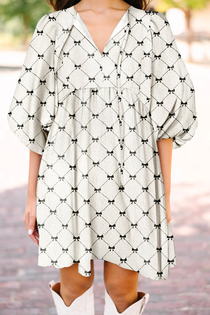 White Bowtie Pattern Textured Puff Half Sleeve Mini Dress