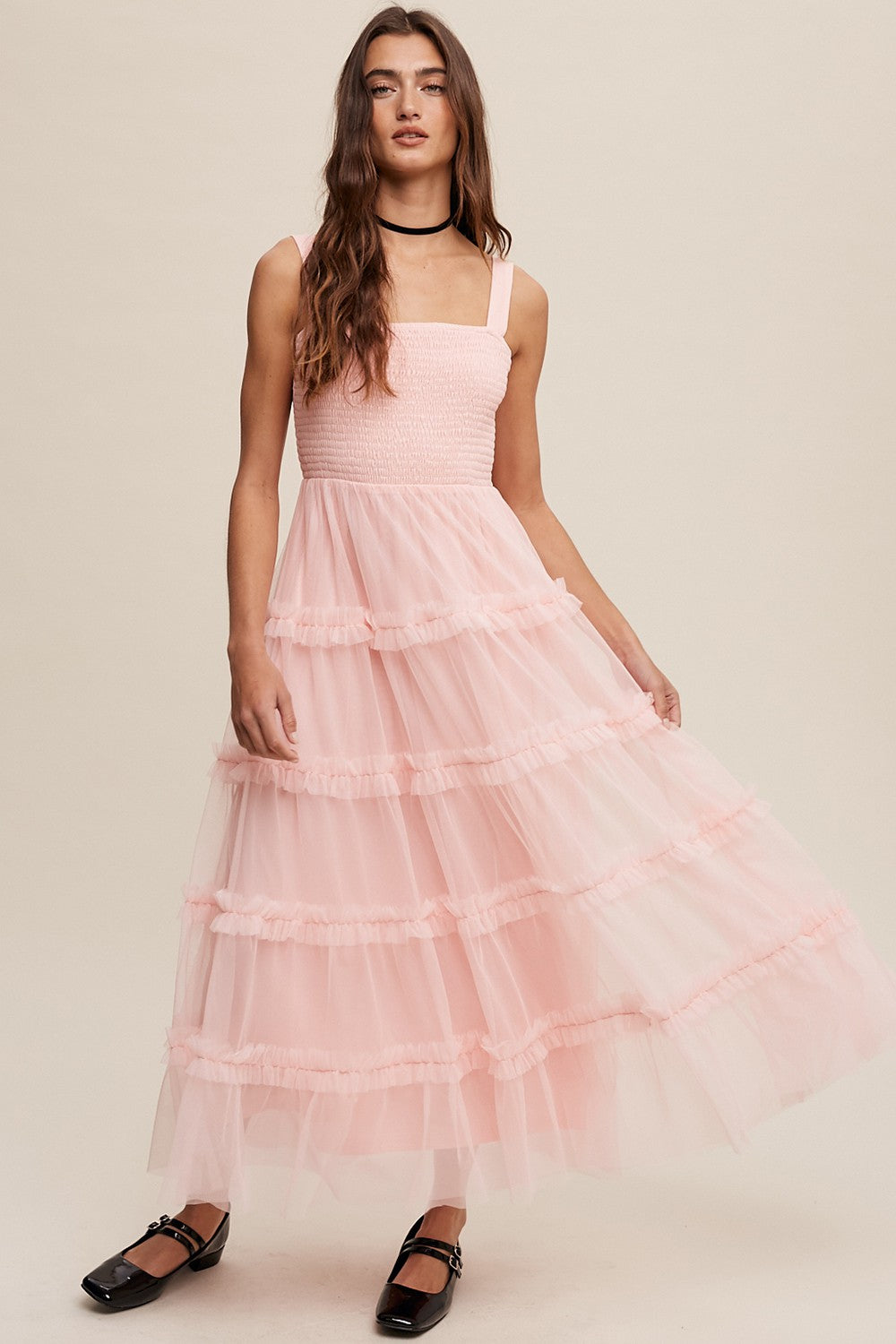 Light Pink Smocked Ruffle Tiered Tulle Maternity Midi Dress PinkBlush
