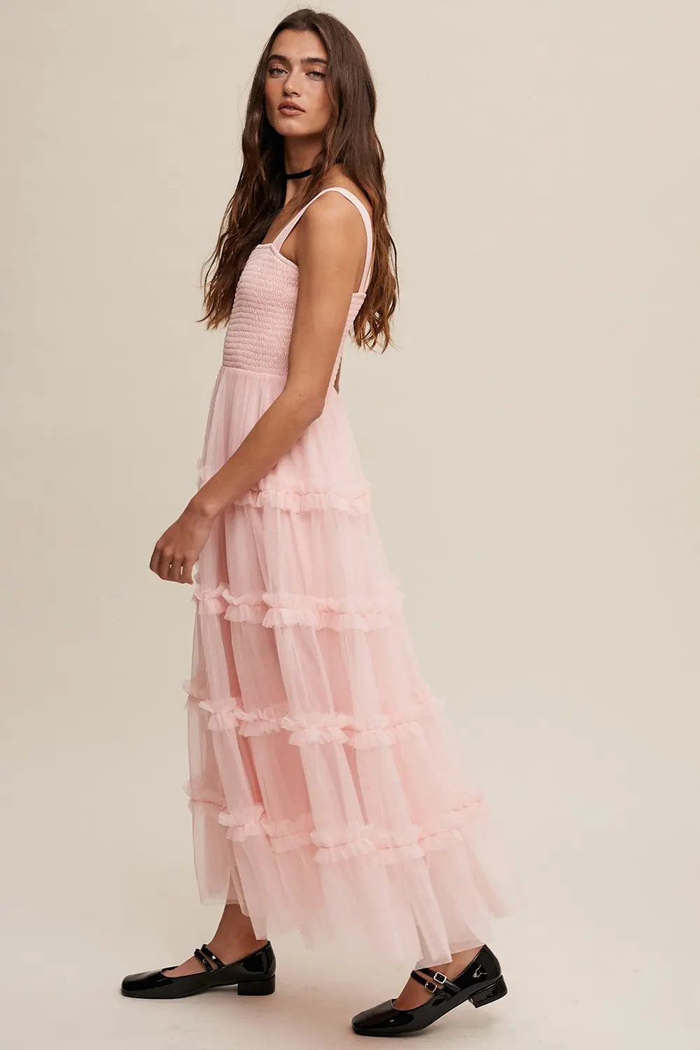 Light Pink Smocked Ruffle Tiered Tulle Midi Dress PinkBlush