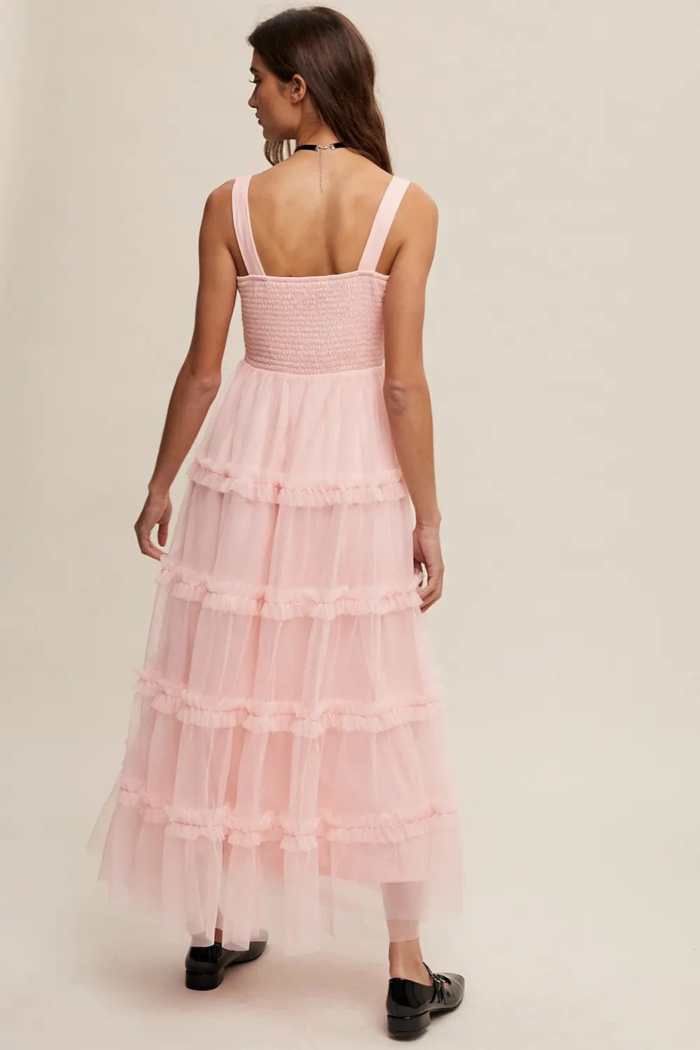 Light Pink Smocked Ruffle Tiered Tulle Midi Dress PinkBlush
