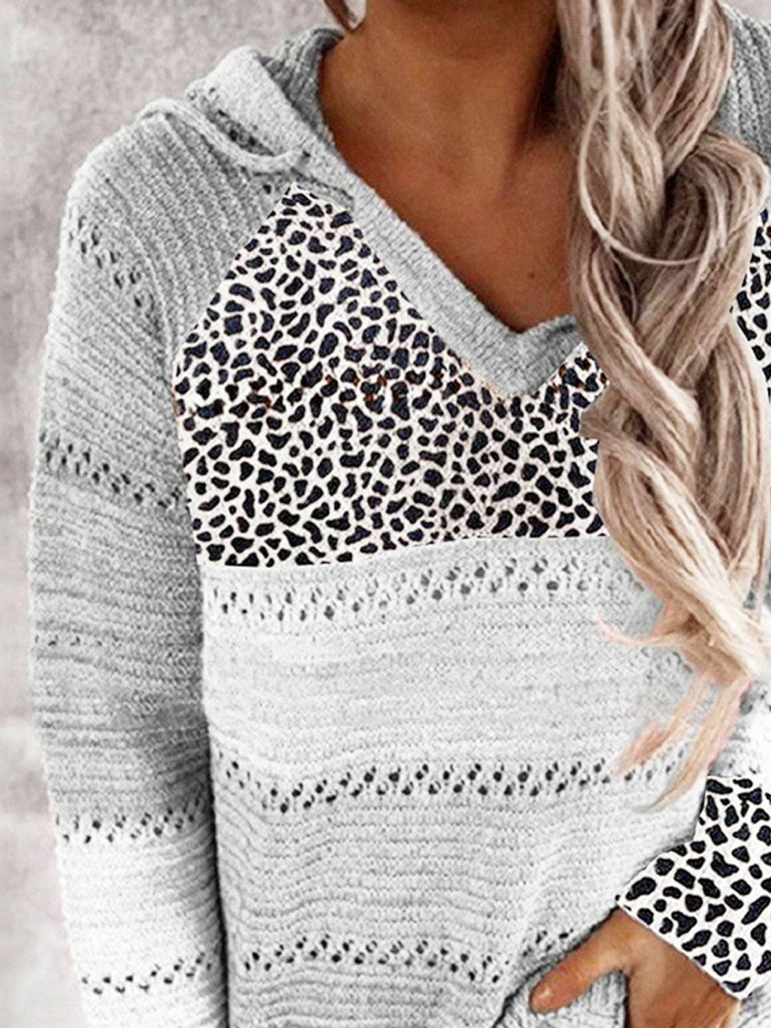 Full Size Openwork Leopard Drawstring Hooded Sweater.