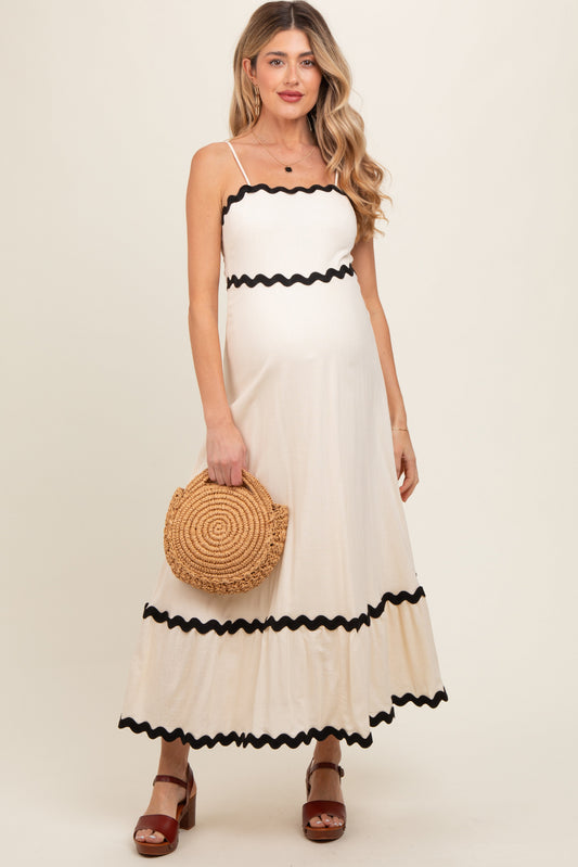 Beige Colorblock Trim Maternity Midi Dress PinkBlush