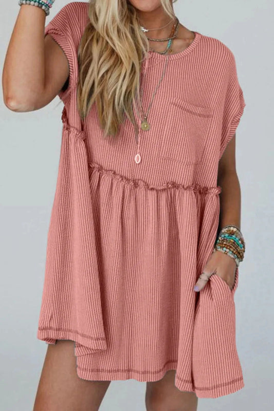 Corded Knit Textured Patched Pocket Frilled Swing Mini Dress with Pockets Simply Love
