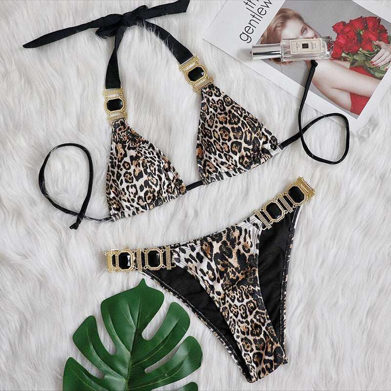 Leopard Print Bikinis Halter Swimsuit Women Backless Bathing Suits Swimwear