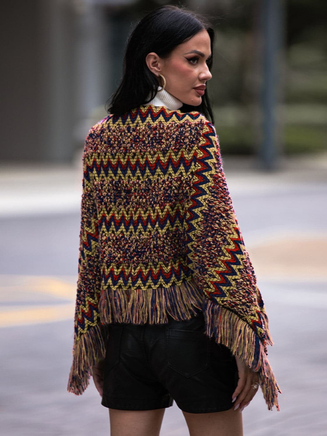 Fringe Hem Boat Neck Poncho.