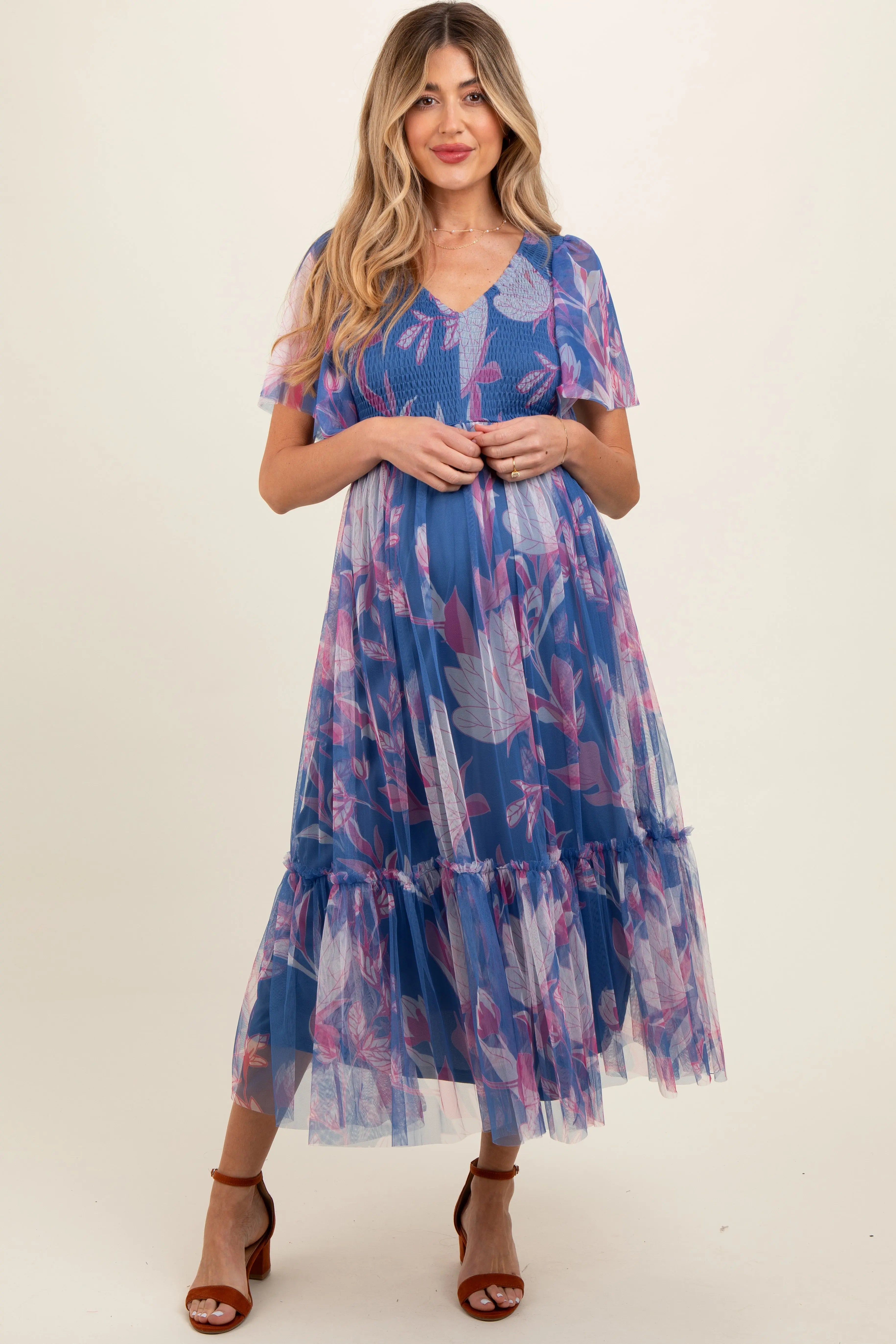 Blue Leaf Print Mesh Smocked Maternity Midi Dress PinkBlush