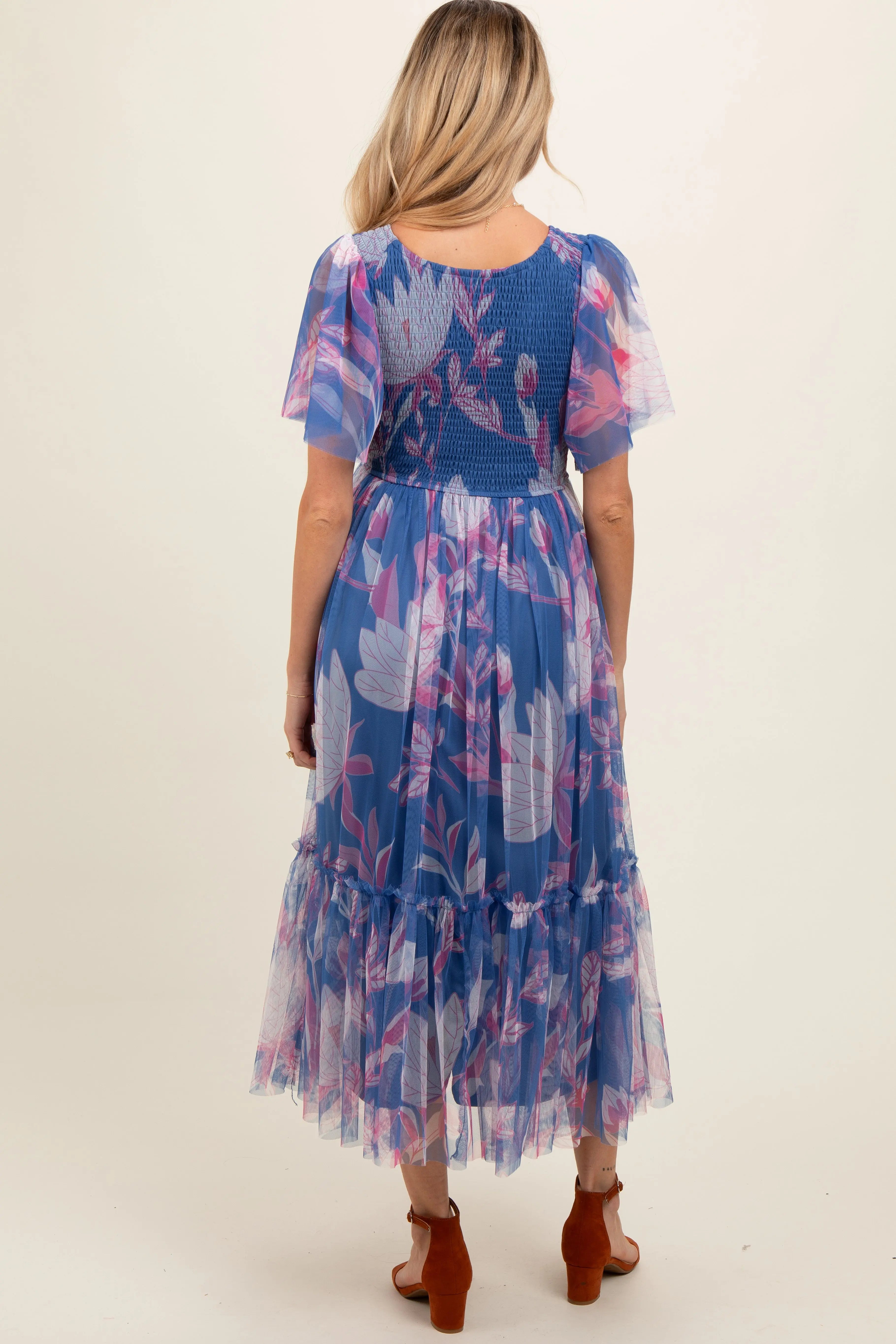 Blue Leaf Print Mesh Smocked Maternity Midi Dress PinkBlush