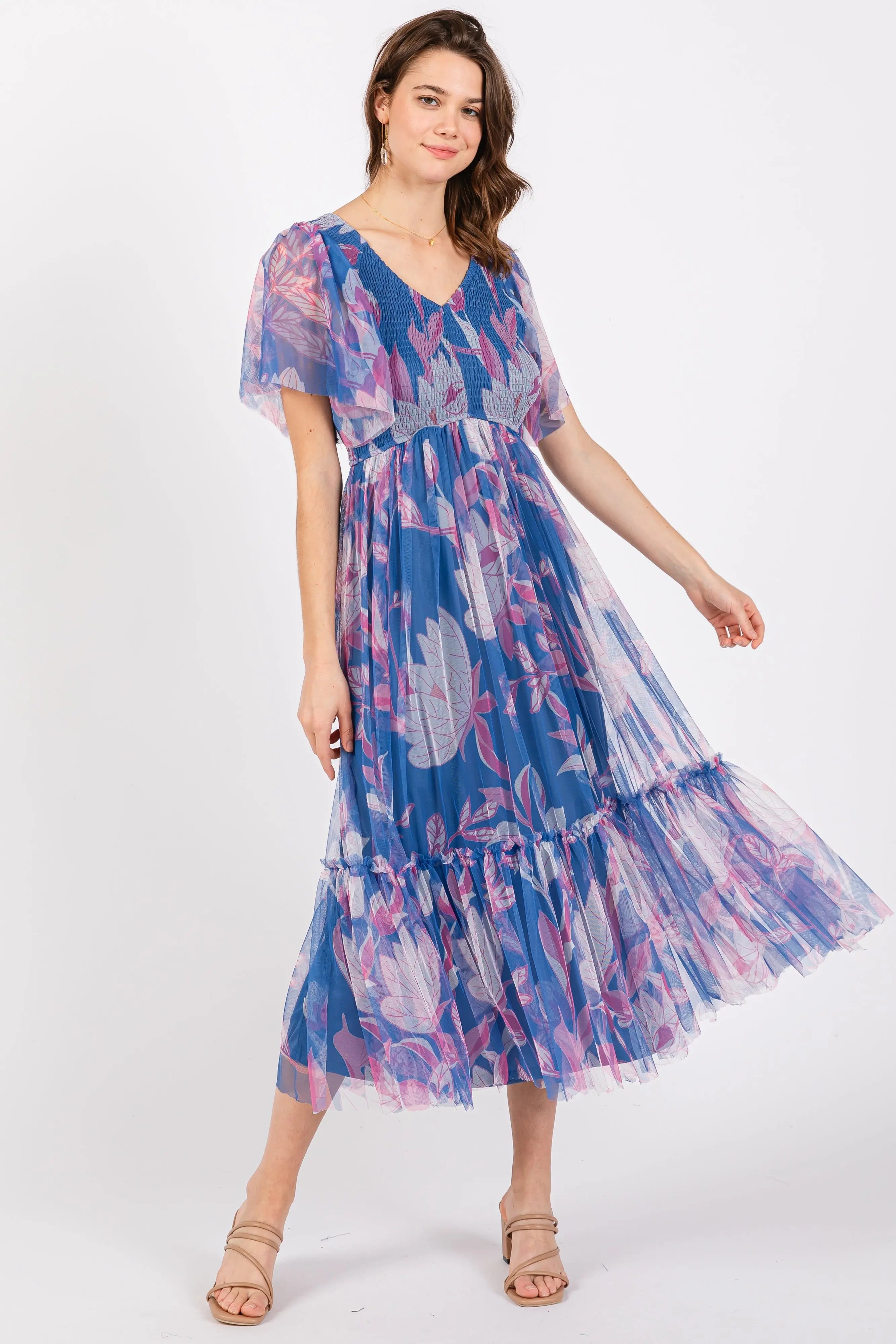 Blue Leaf Print Mesh Smocked Maternity Midi Dress PinkBlush