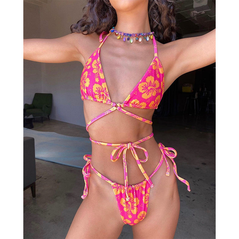 String Halter Swimwear Women Triangle Micro Bikinis Mujer Floral Print Swimsuit Female Sexy Bathing Suit Lace Up Biquini Bella Mia