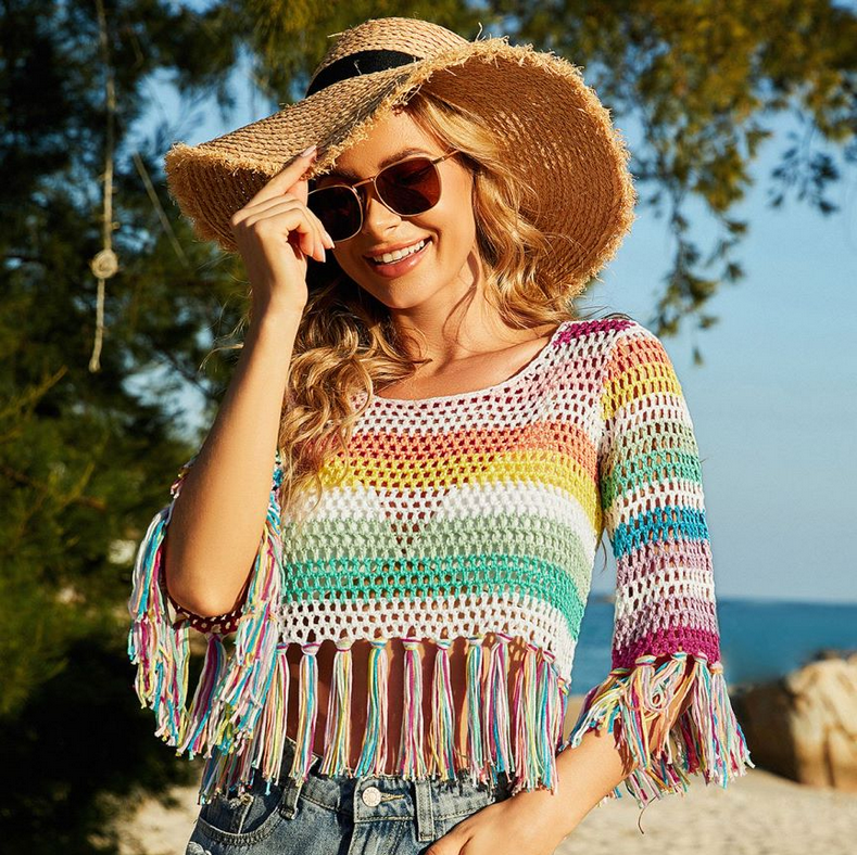 Crochet Spring Summer Knitted Women Hand Crocheting Blouse Stitching Hollow Out Cutout out Mixed Color Bikini Beach Shirt Crochet Bella Mia