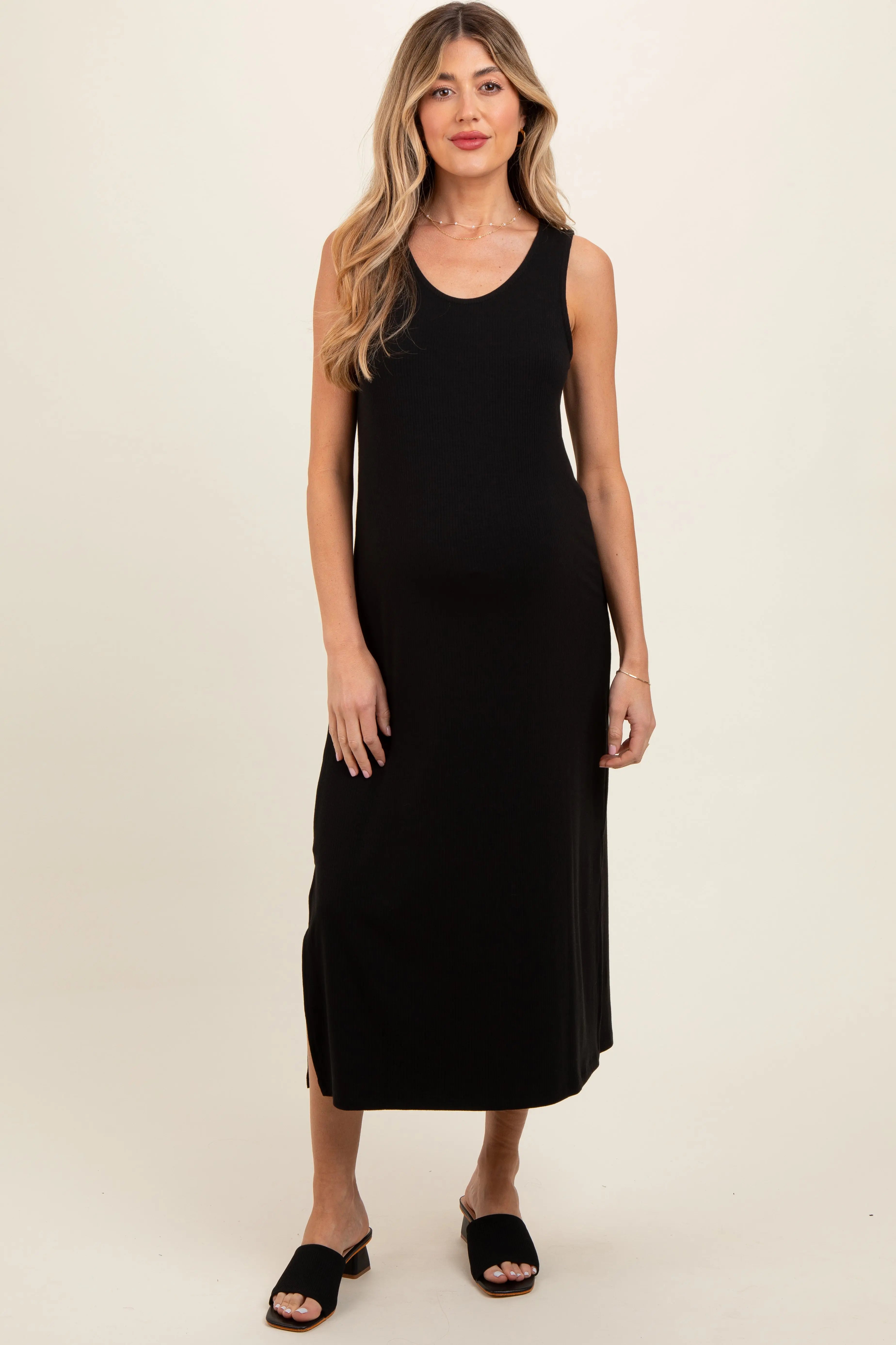 Black Ribbed Sleeveless Maternity Midi Dress PinkBlush