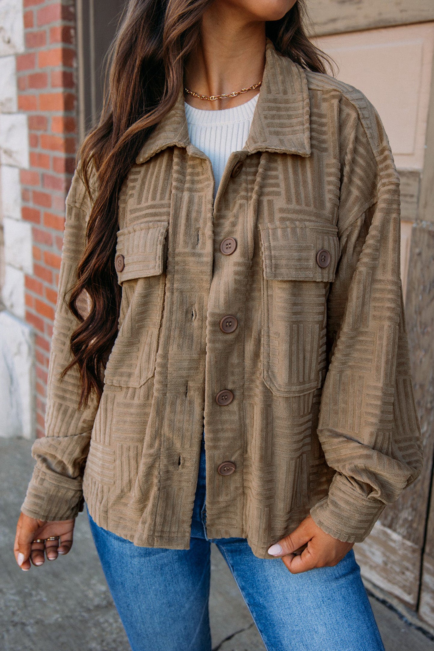 Chic dark khaki textured shacket with chest pockets