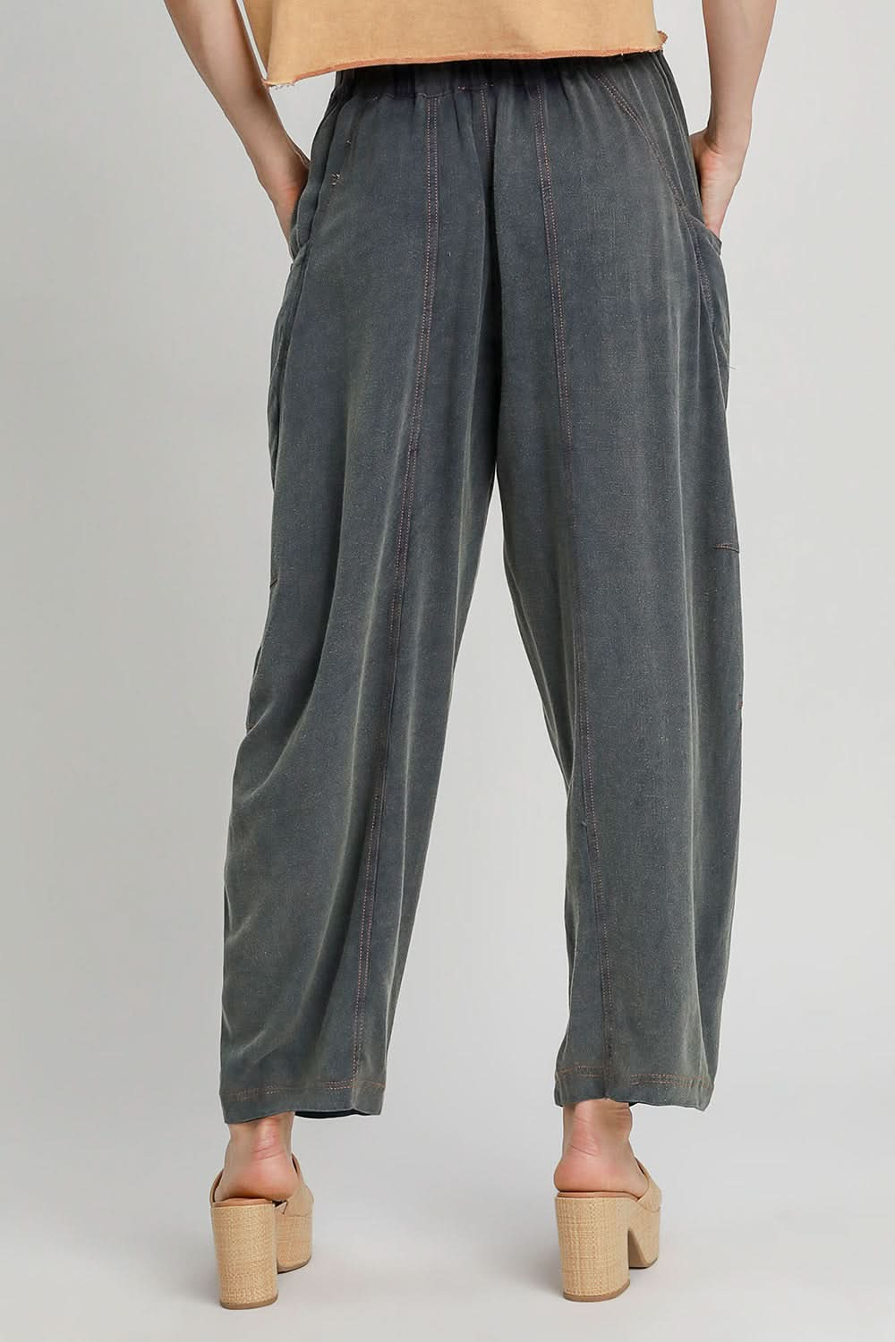 Umgee Relaxed Fit Pocketed Linen-Cotton Pants with Elastic Waistband