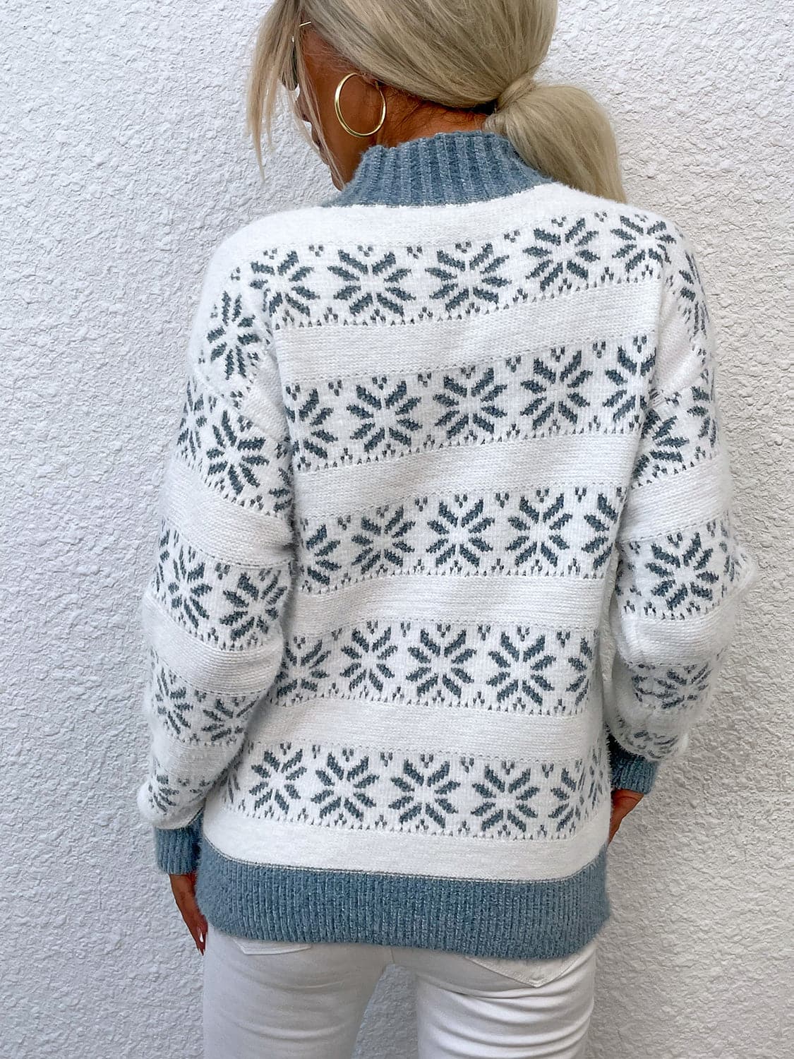 Snowflake Pattern Mock Neck Sweater.