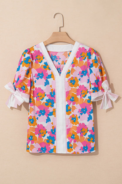 White Floral Colorblock Striped Edge V Neck Knotted Blouse