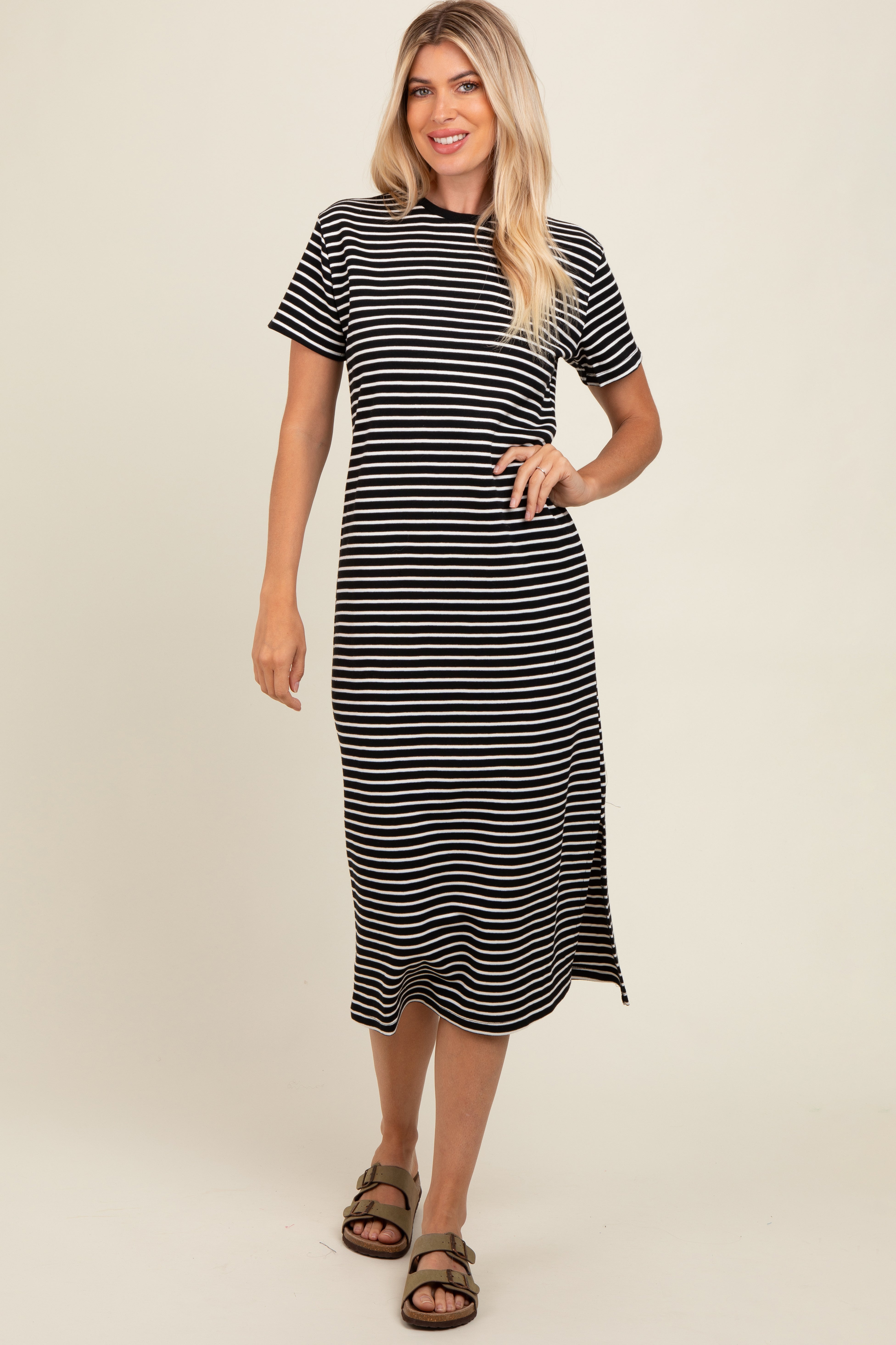 Black Striped Short Sleeve T-Shirt Midi Dress PinkBlush