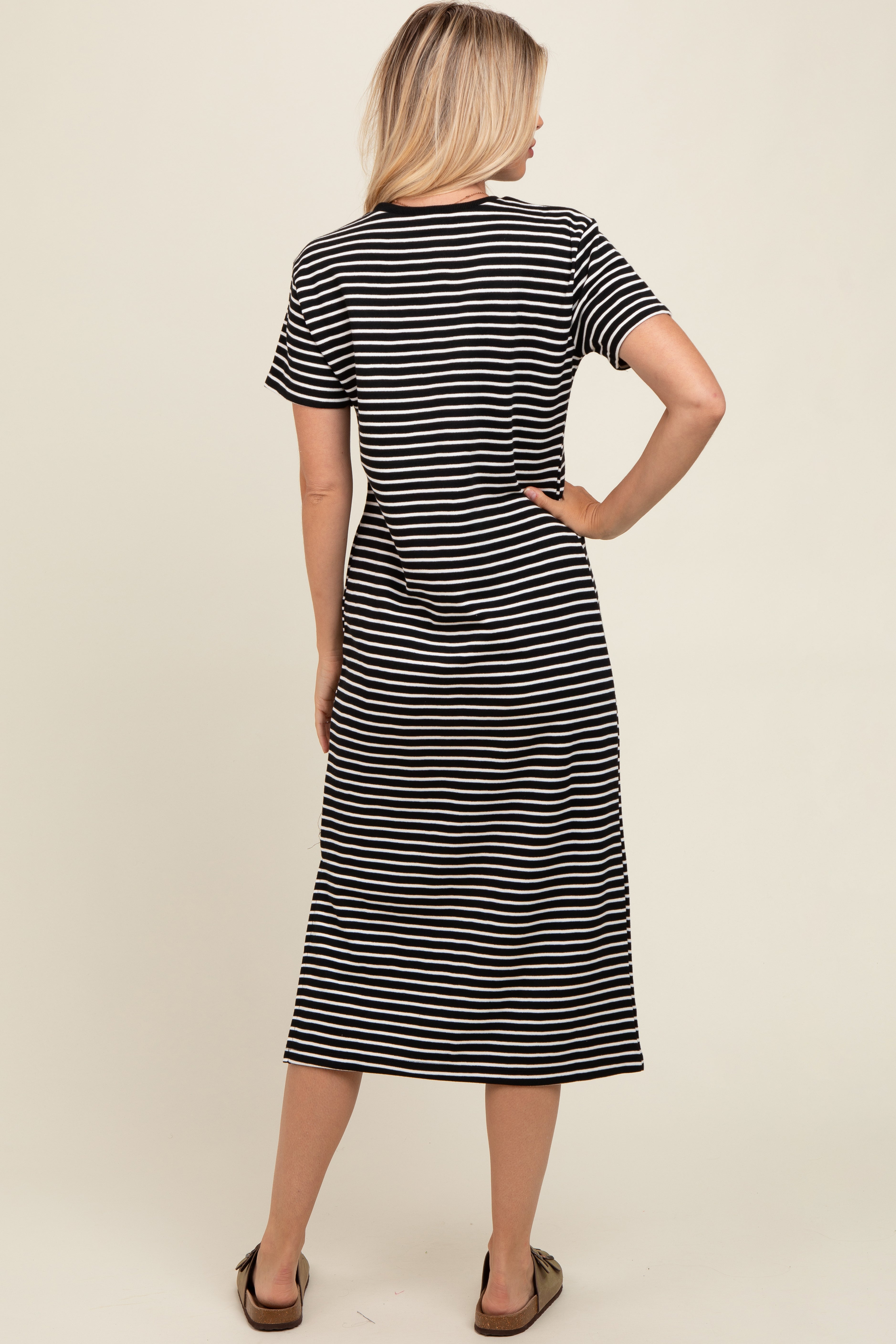 Black Striped Short Sleeve T-Shirt Midi Dress PinkBlush