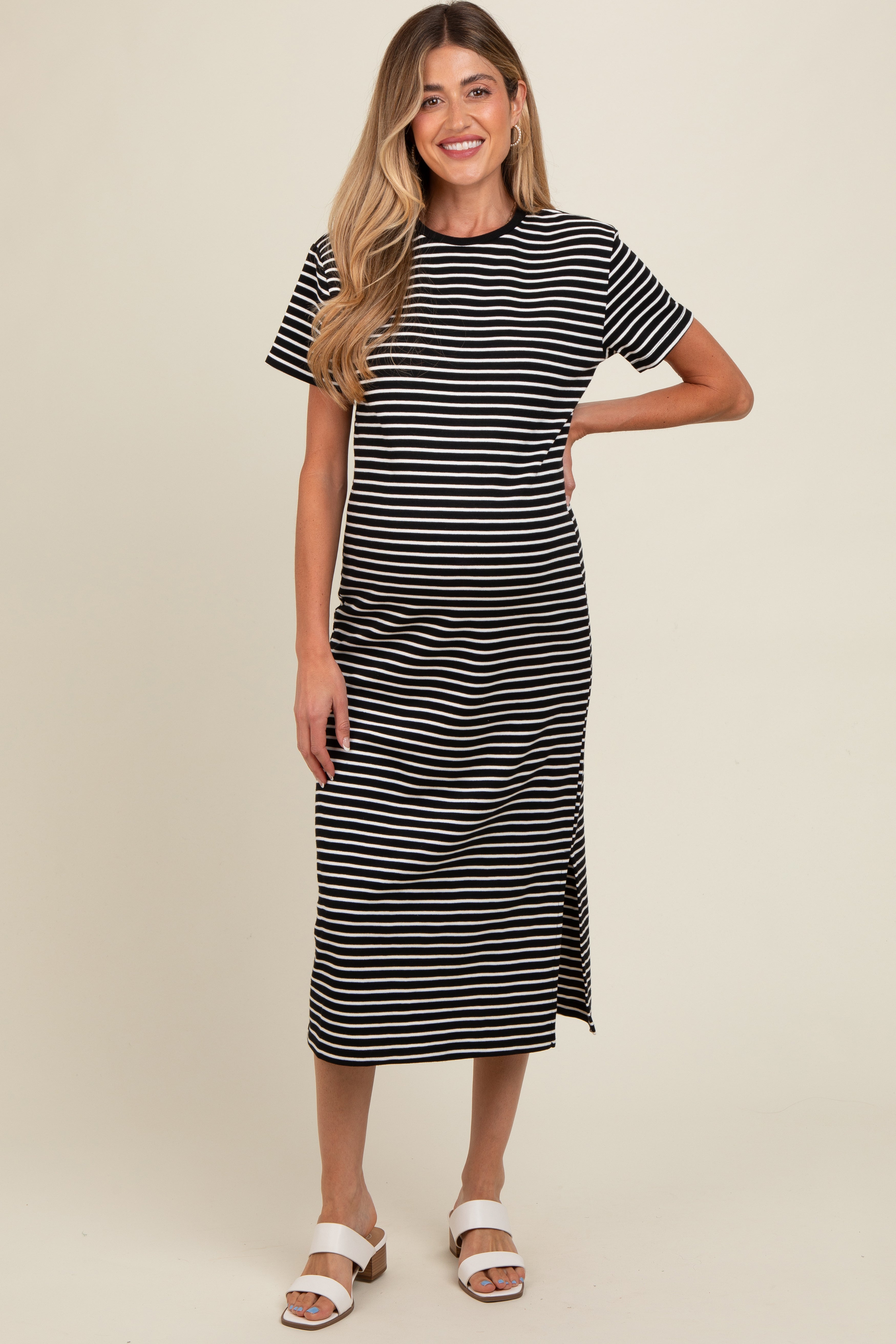 Black Striped Short Sleeve Maternity T-Shirt Midi Dress PinkBlush