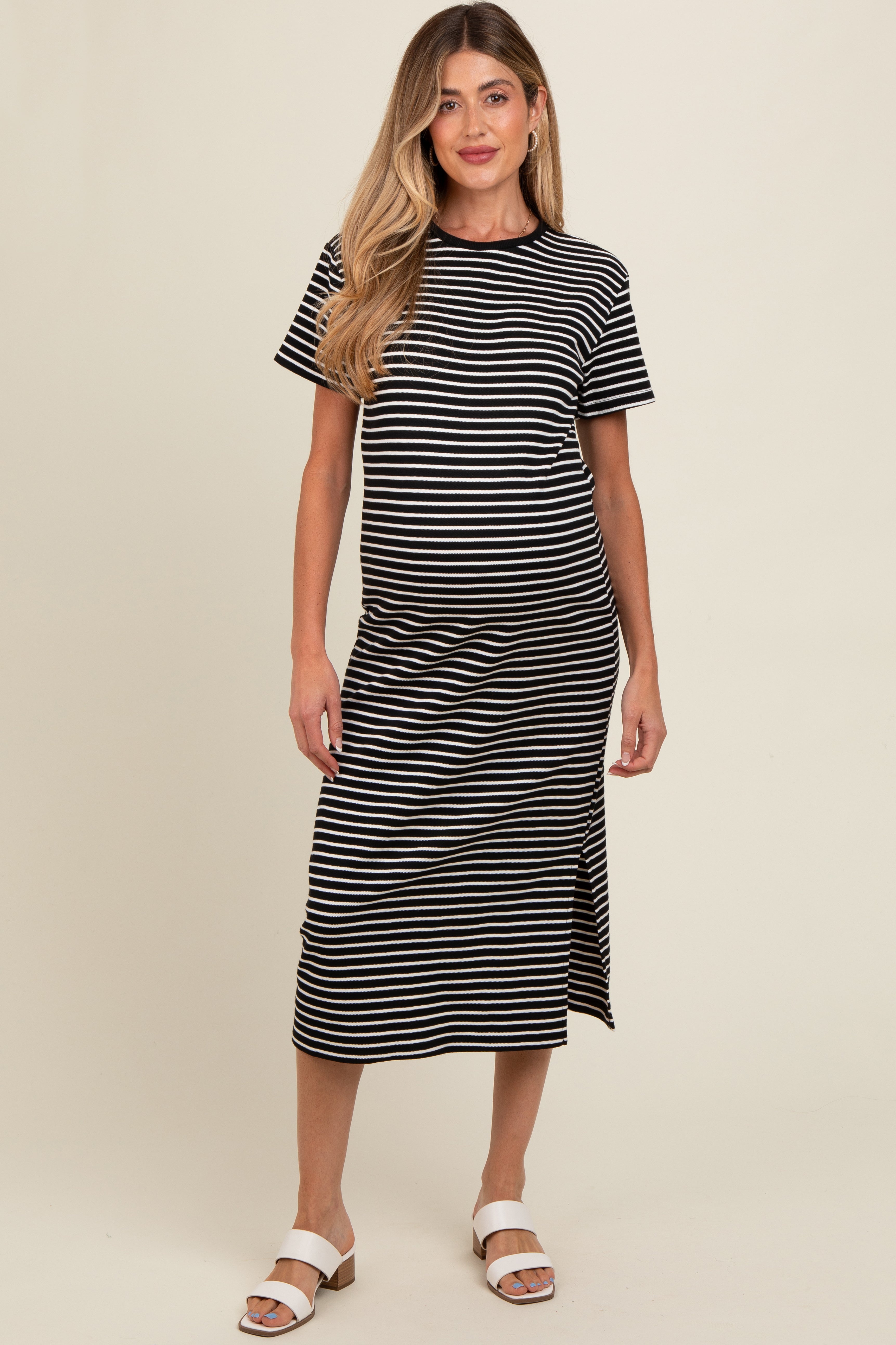 Black Striped Short Sleeve Maternity T-Shirt Midi Dress PinkBlush