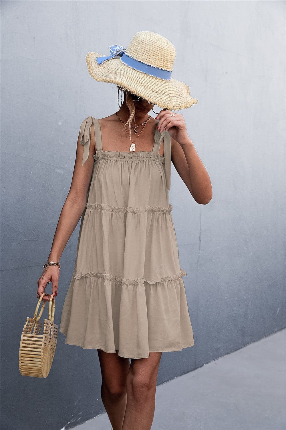 Frill Tiered Tie Shoulder Mini Cami Dress.