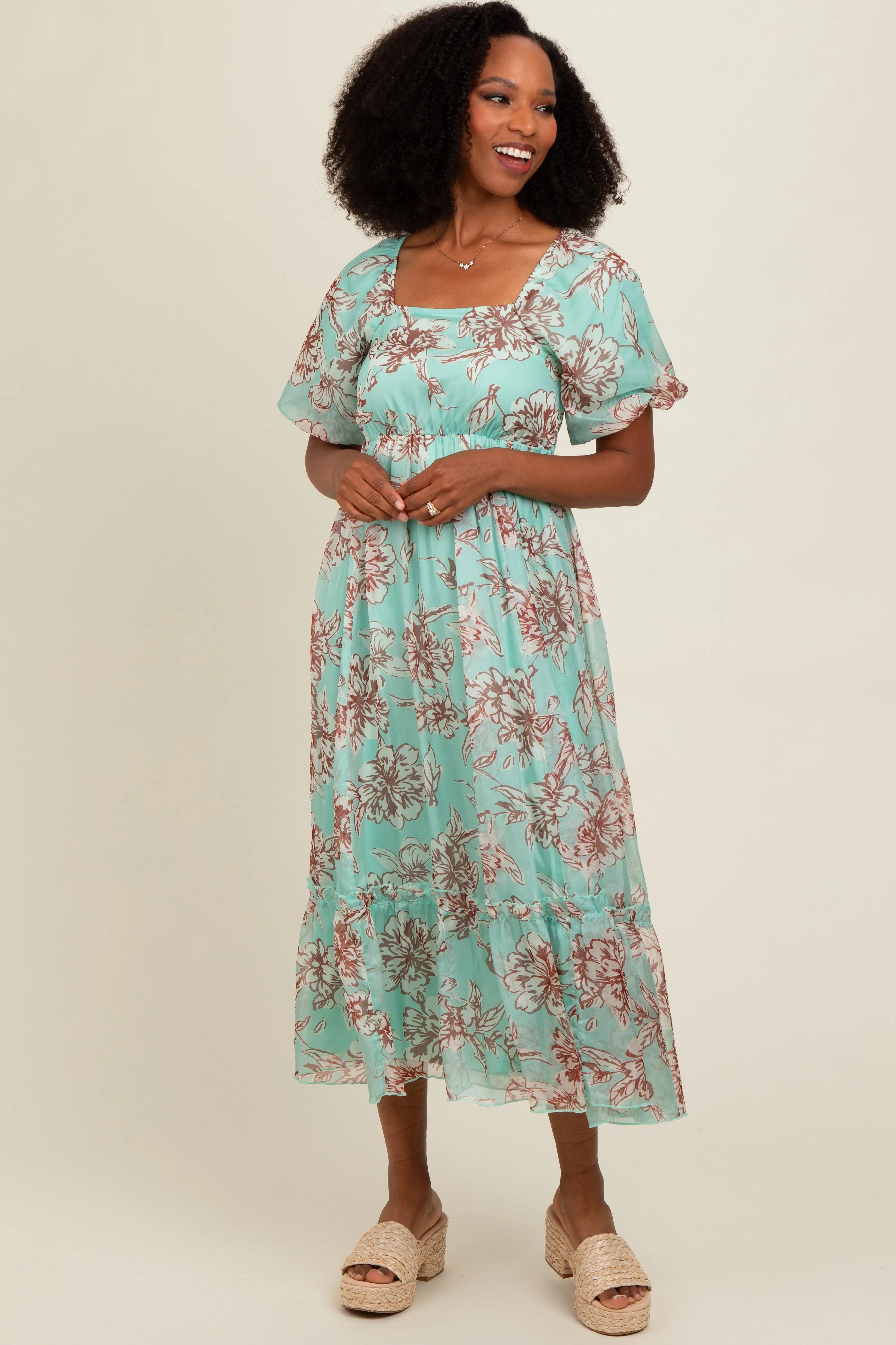 Mint Green Floral Chiffon Ruffle Hem Maternity Midi Dress PinkBlush