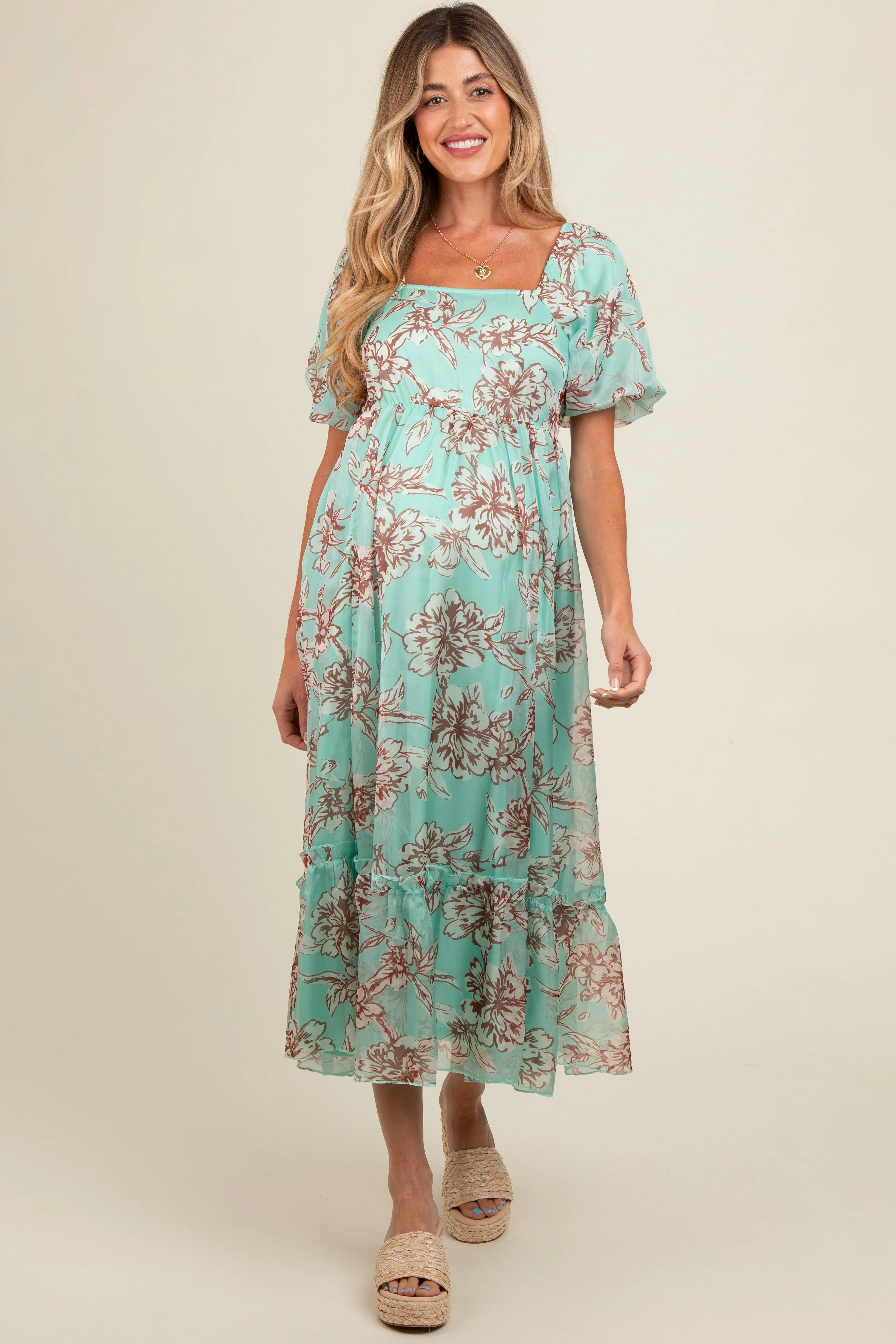 Mint Green Floral Chiffon Ruffle Hem Maternity Midi Dress PinkBlush