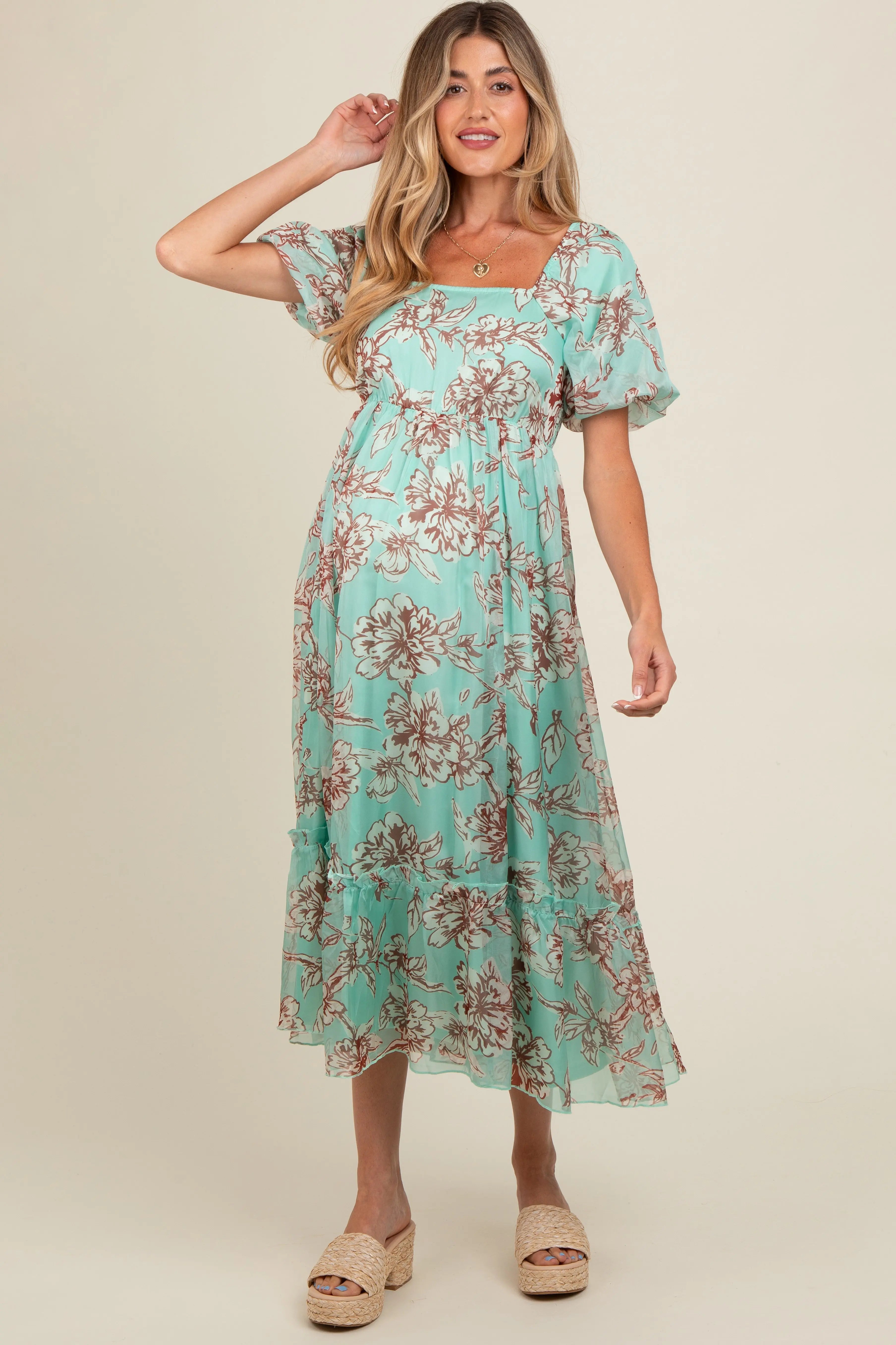 Mint Green Floral Chiffon Ruffle Hem Maternity Midi Dress PinkBlush