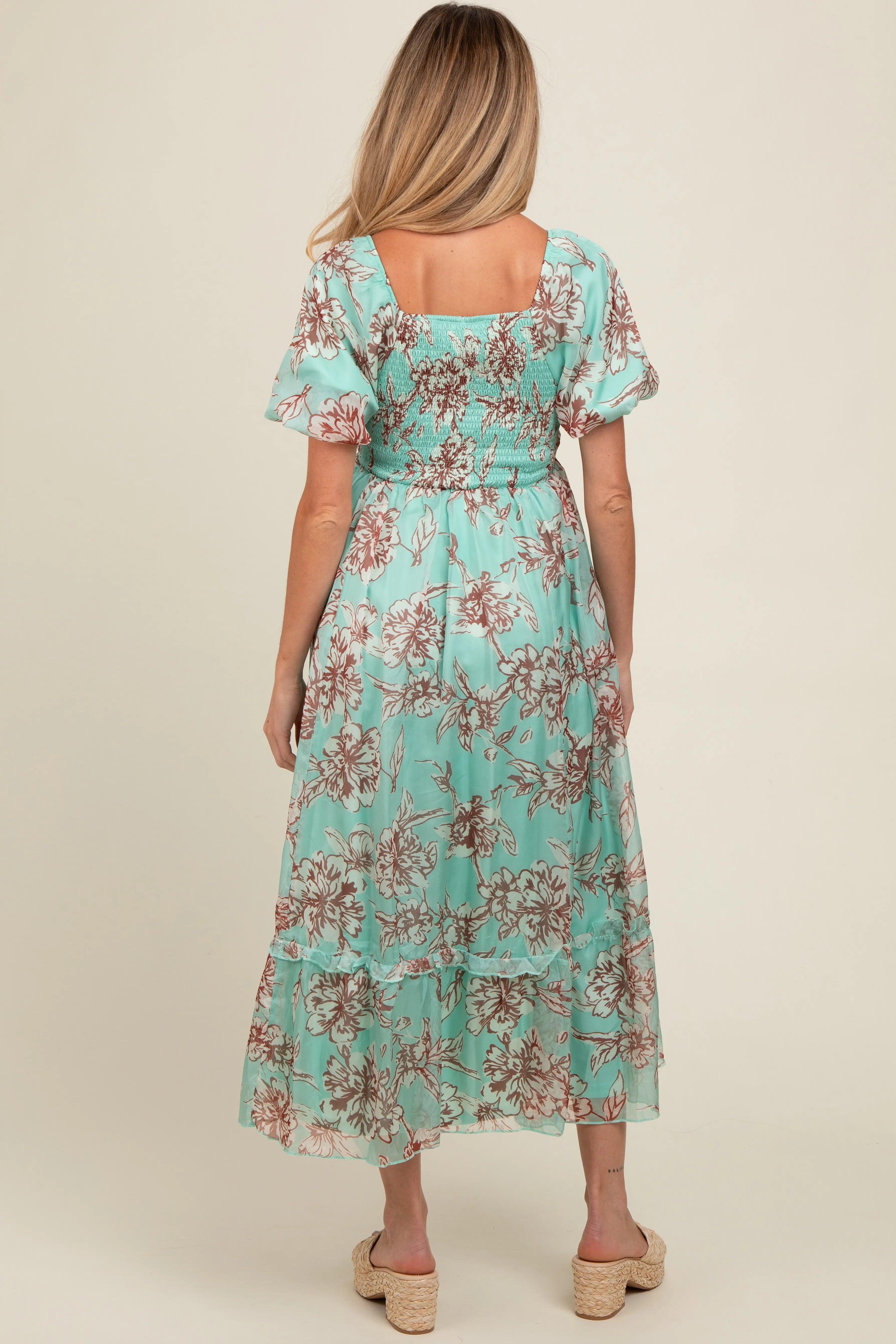 Mint Green Floral Chiffon Ruffle Hem Maternity Midi Dress PinkBlush