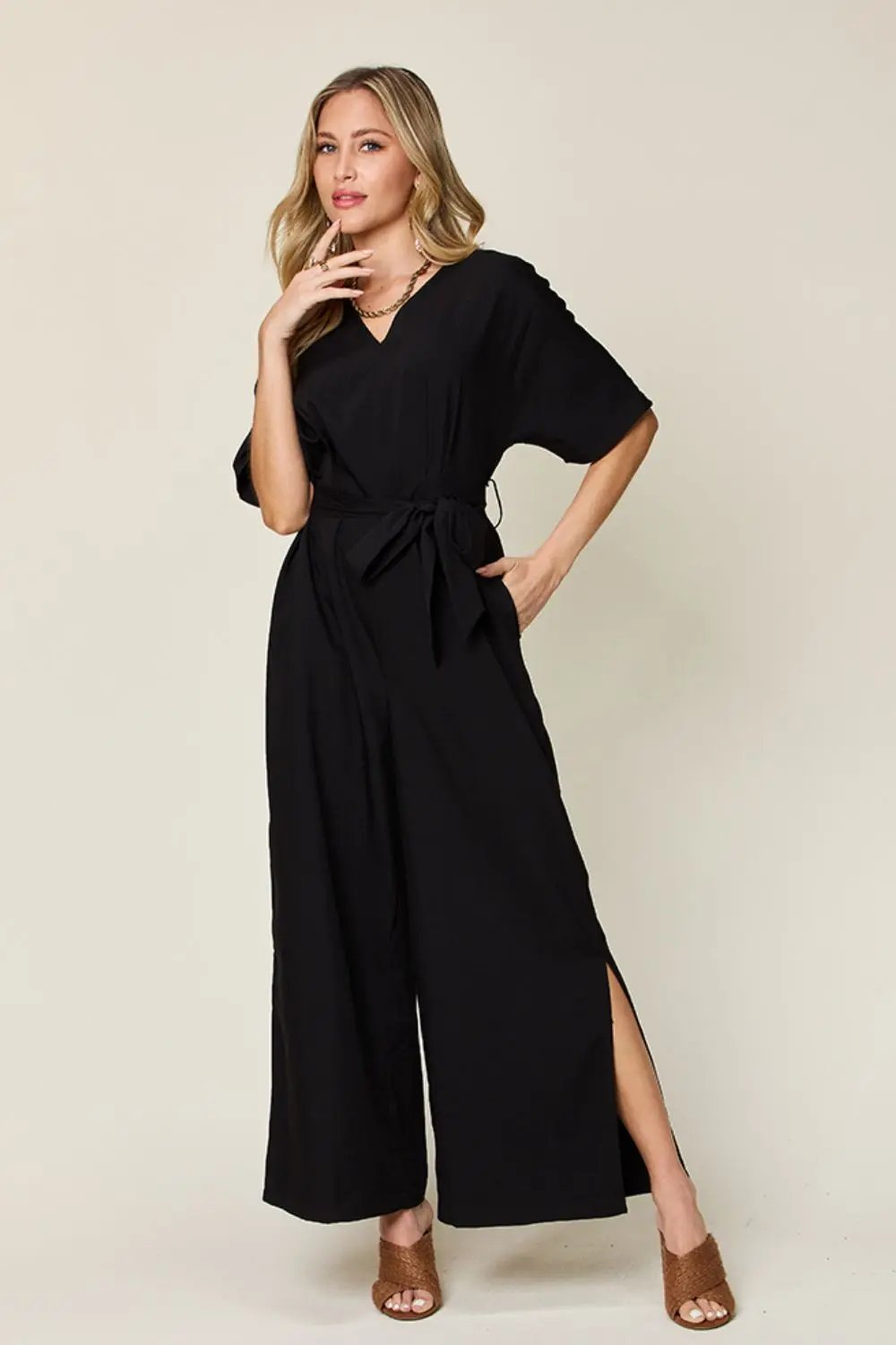 Double Take Full Size V-Neck Tie Front Short Sleeve Slit Jumpsuit - Love Salve