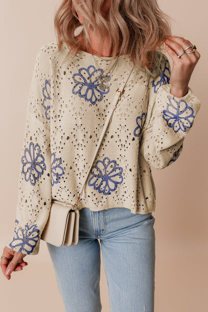 Beige floral eyelet drop shoulder sweater with contrast print