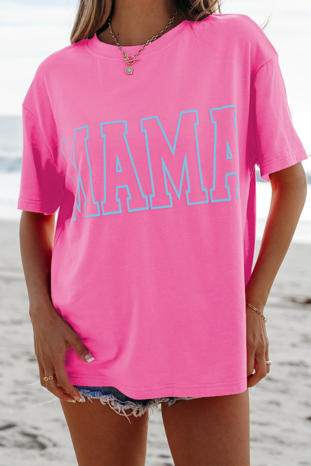 Bright Pink MAMA Letter Graphic Neon T Shirt for Moms