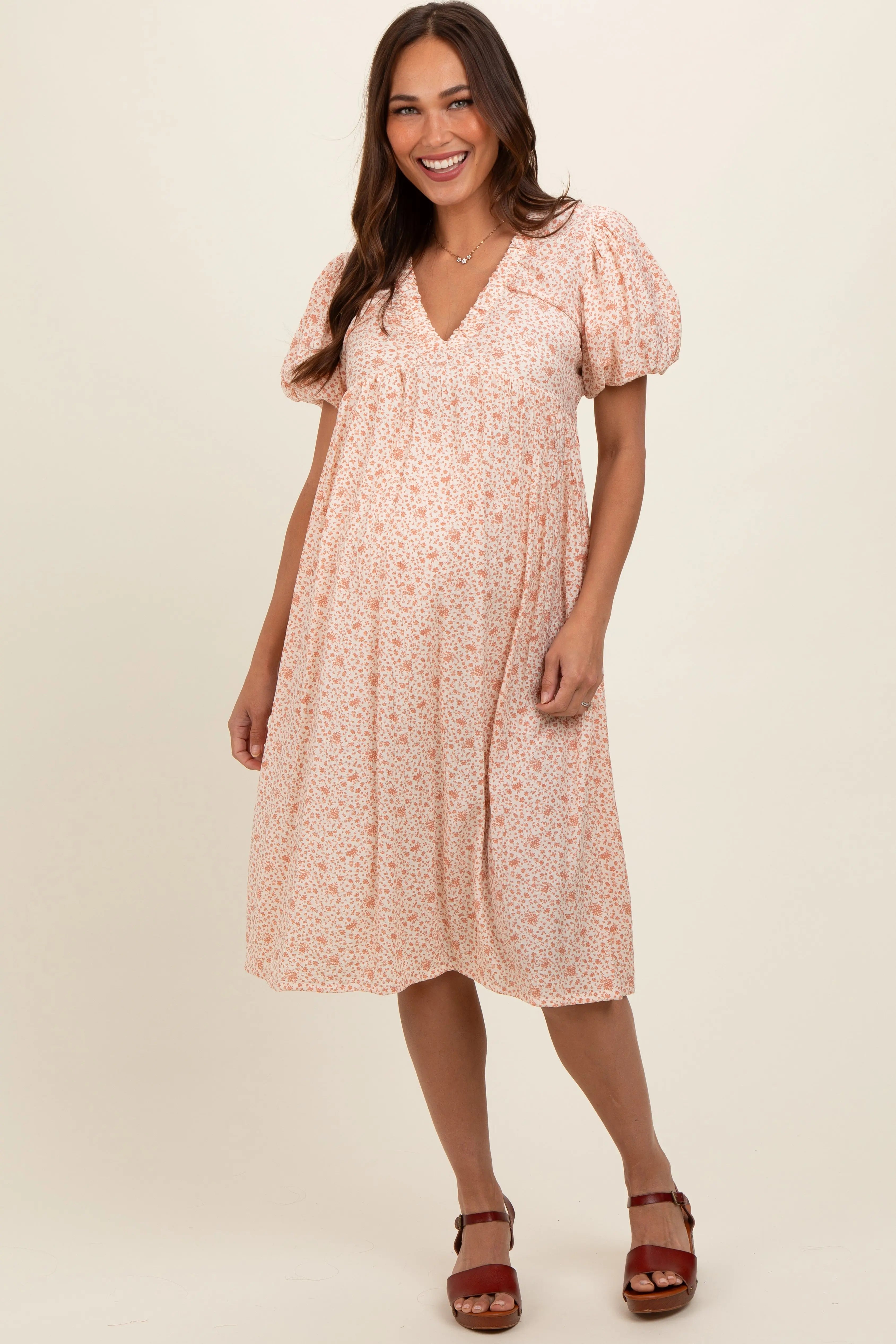 Peach Floral Puff Sleeve Maternity Midi Dress PinkBlush