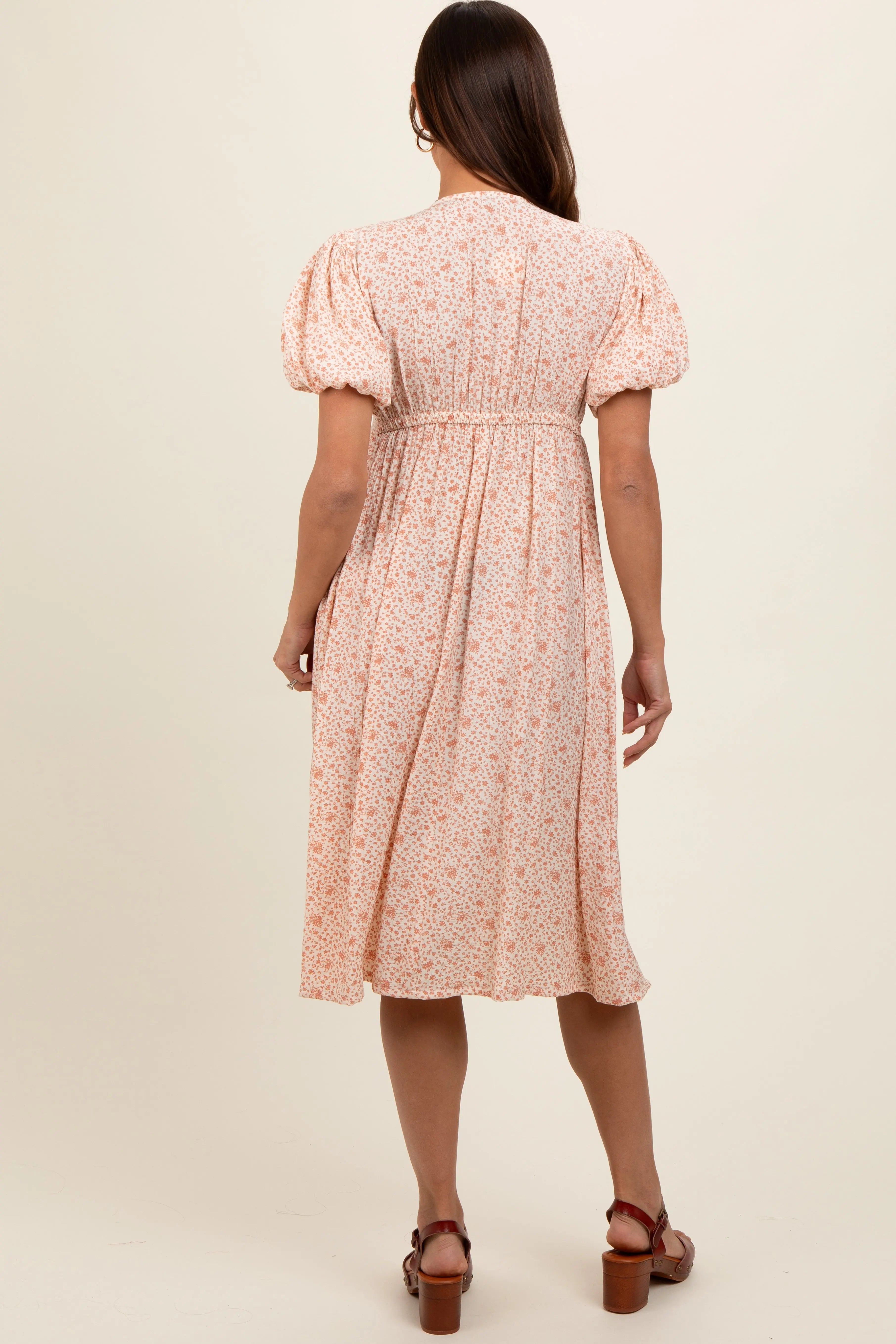 Peach Floral Puff Sleeve Maternity Midi Dress PinkBlush