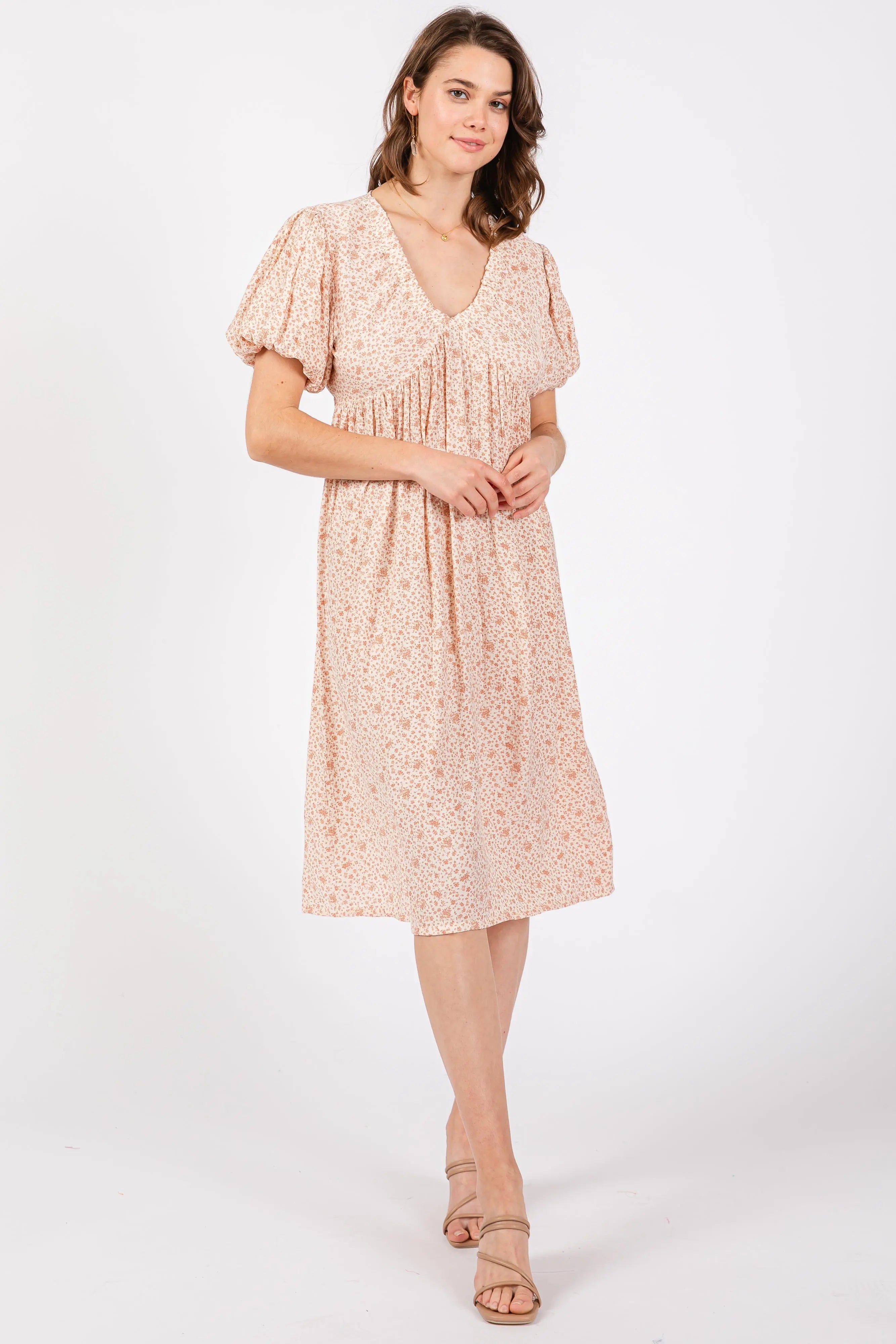 Peach Floral Puff Sleeve Maternity Midi Dress PinkBlush